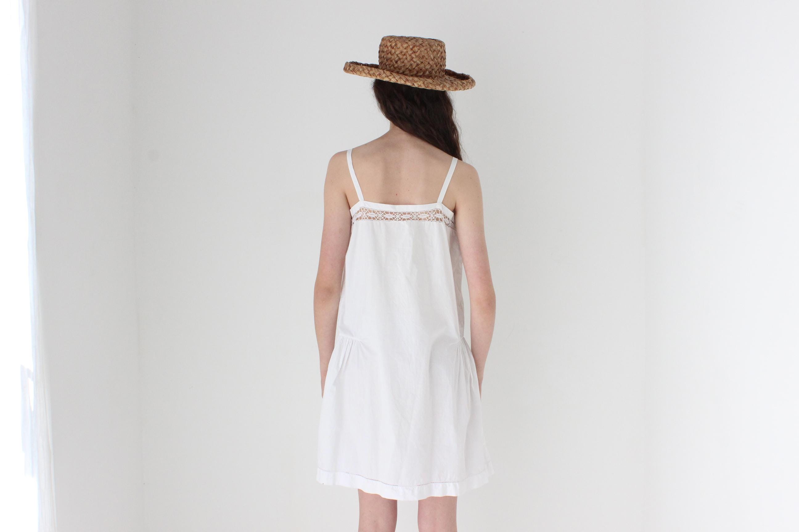 FRENCH COLLECTION Antique Provincial Cotton Dress w/ Handmade Crochet Lace