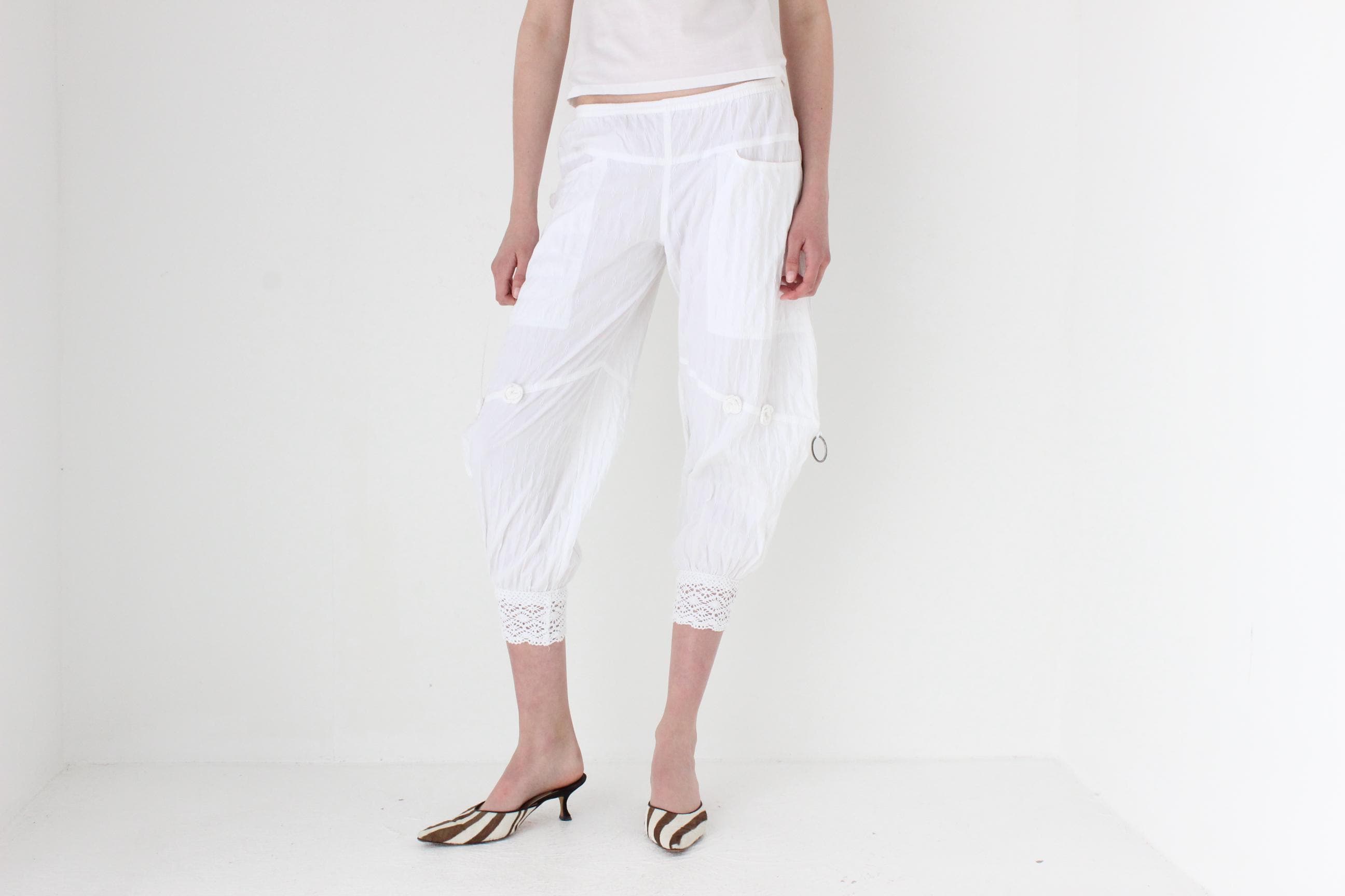 FRENCH COLLECTION Y2K Cotton Balloon Leg Pants w/ Macrame Trim & 3D Flowers