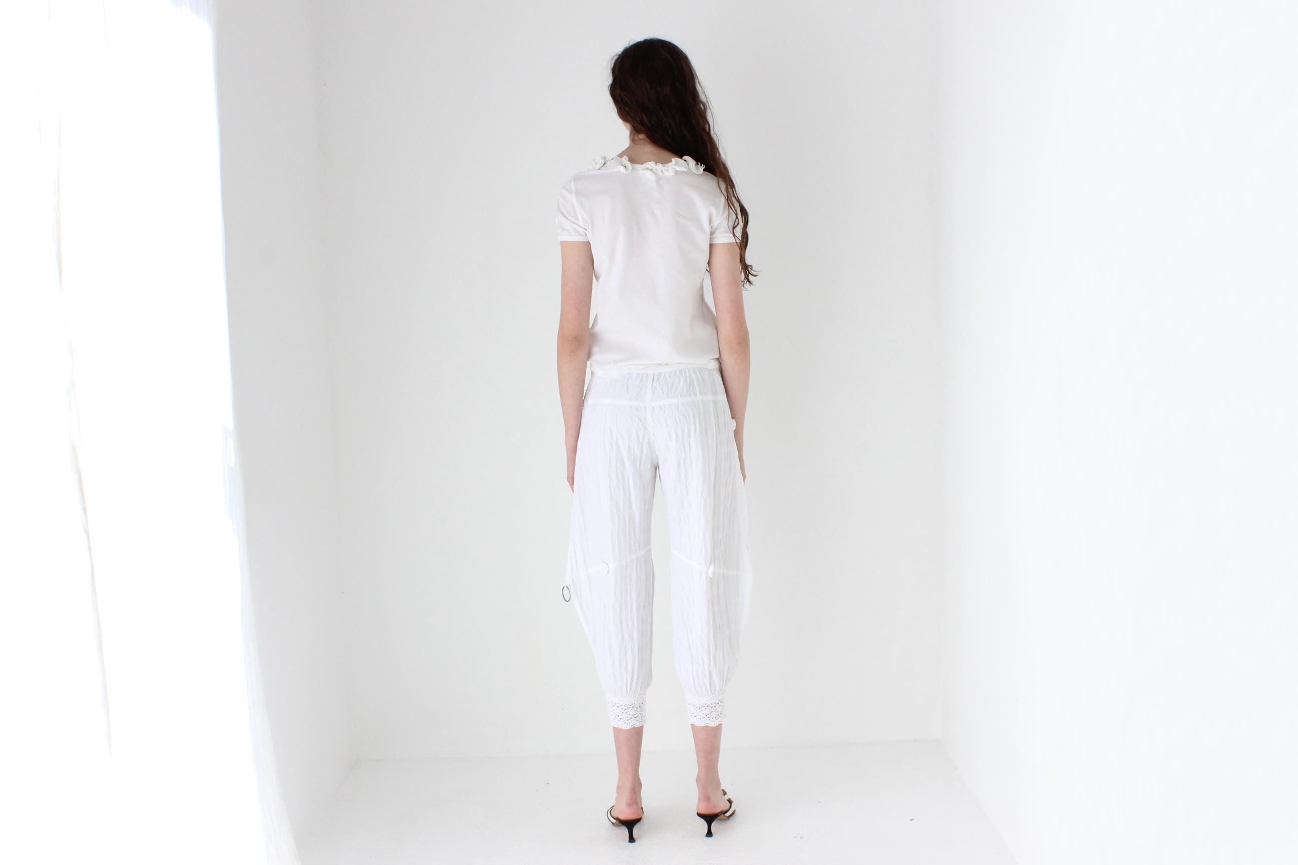 FRENCH COLLECTION Y2K Cotton Balloon Leg Pants w/ Macrame Trim & 3D Flowers