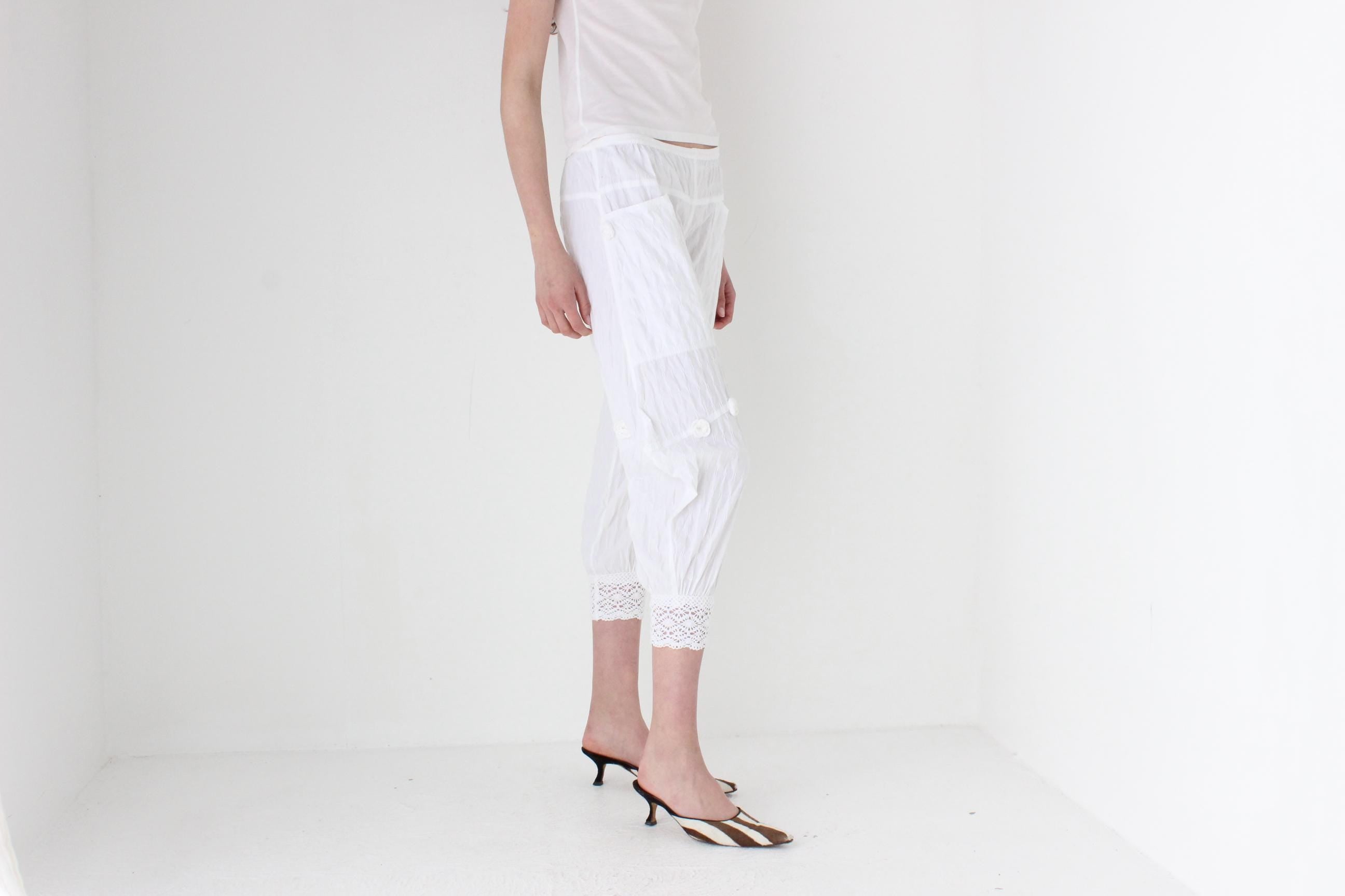 FRENCH COLLECTION Y2K Cotton Balloon Leg Pants w/ Macrame Trim & 3D Flowers