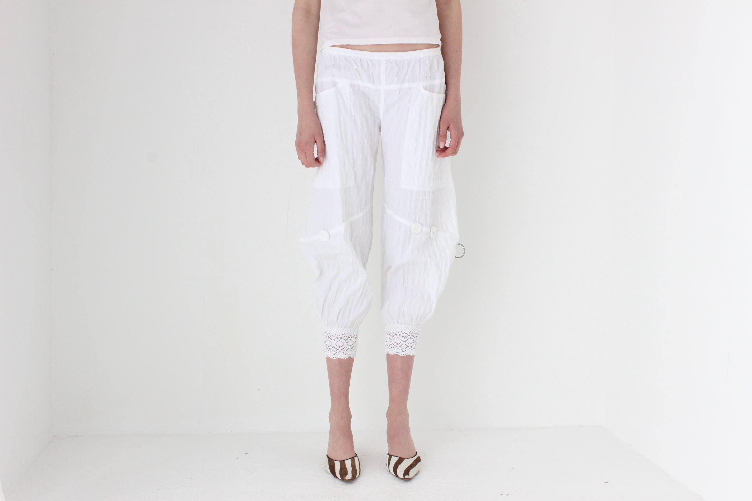 FRENCH COLLECTION Y2K Cotton Balloon Leg Pants w/ Macrame Trim & 3D Flowers