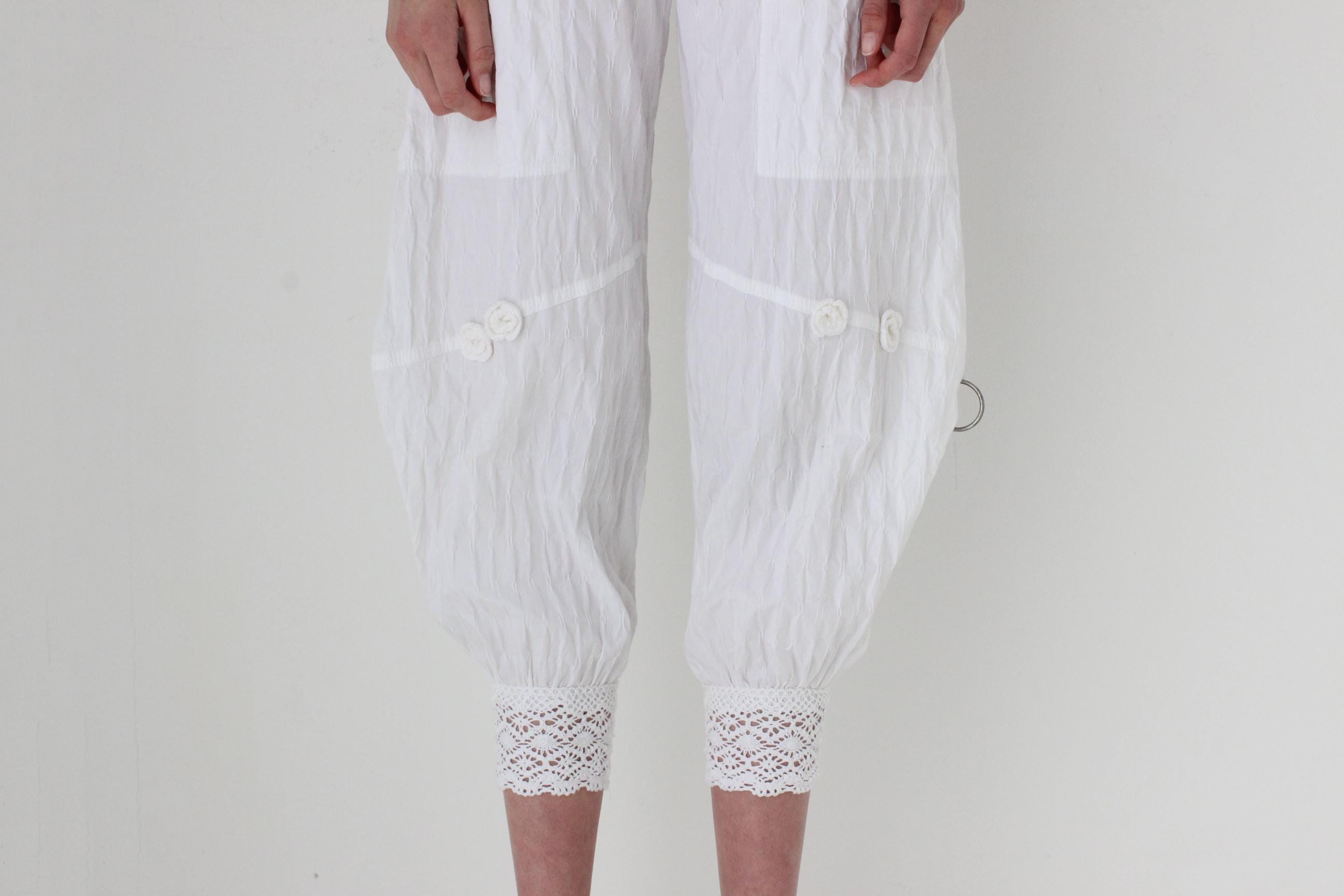 FRENCH COLLECTION Y2K Cotton Balloon Leg Pants w/ Macrame Trim & 3D Flowers