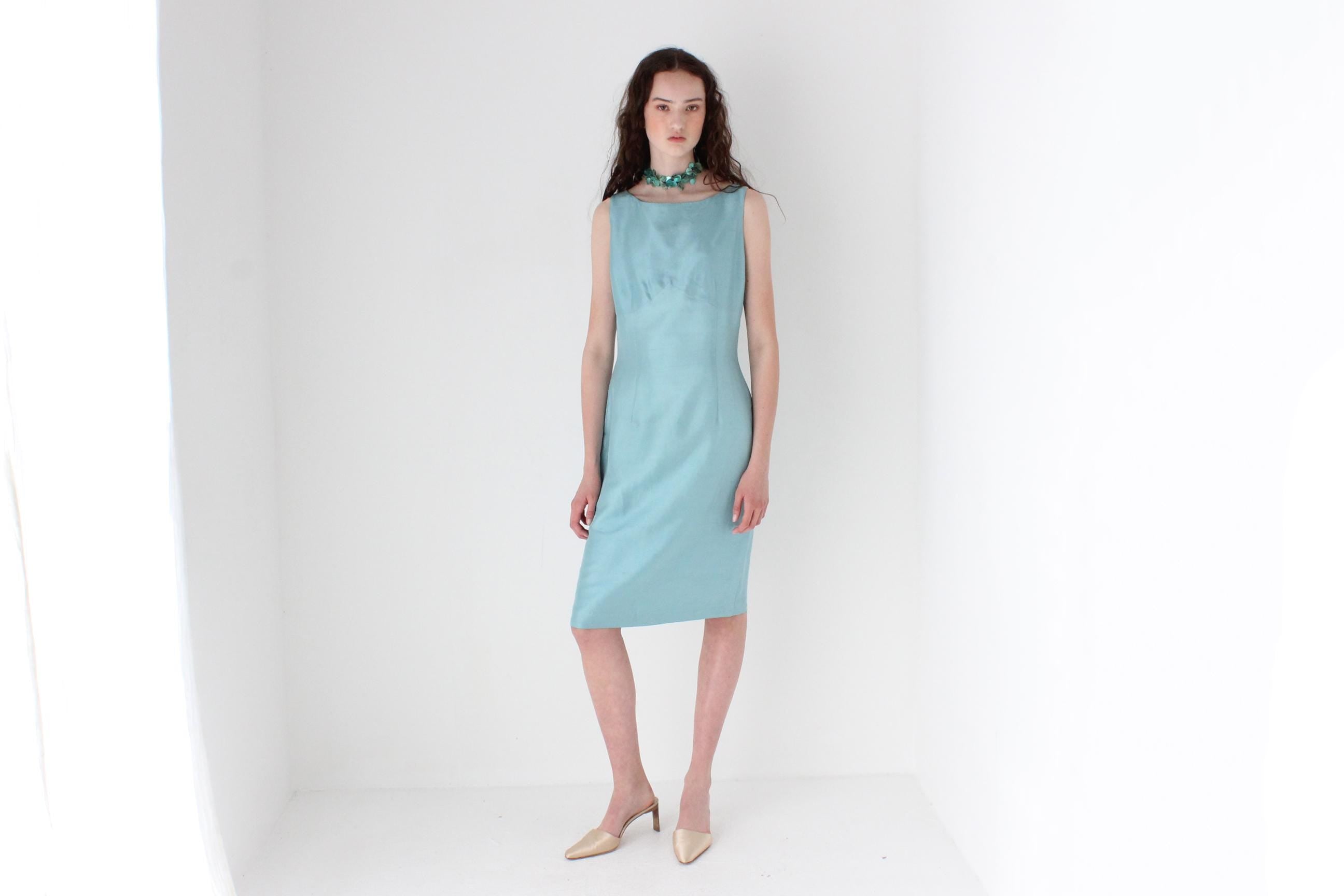 FRENCH COLLECTION 90s Bateau Neck Silk Dress in Duck Egg Blue