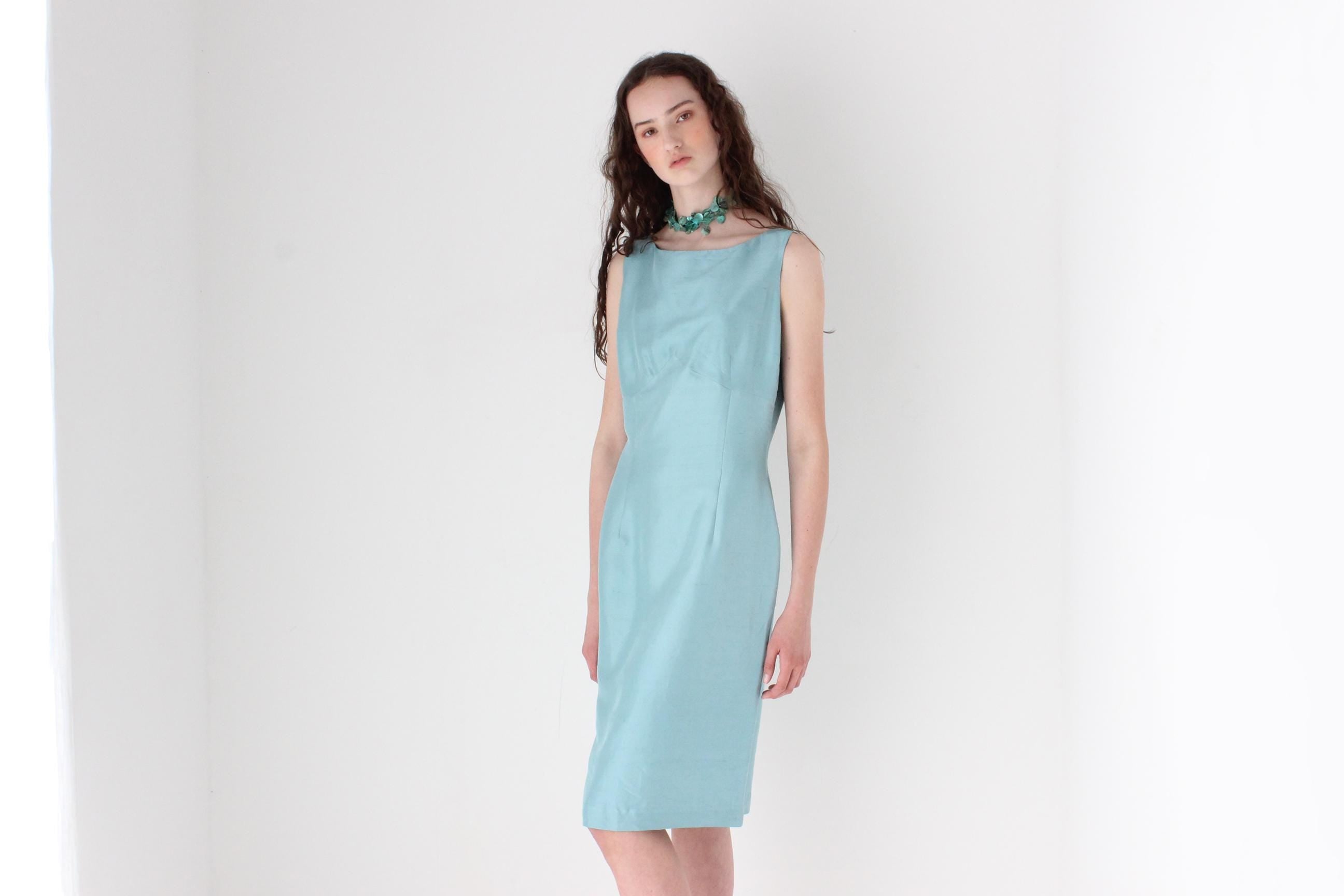 FRENCH COLLECTION 90s Bateau Neck Silk Dress in Duck Egg Blue