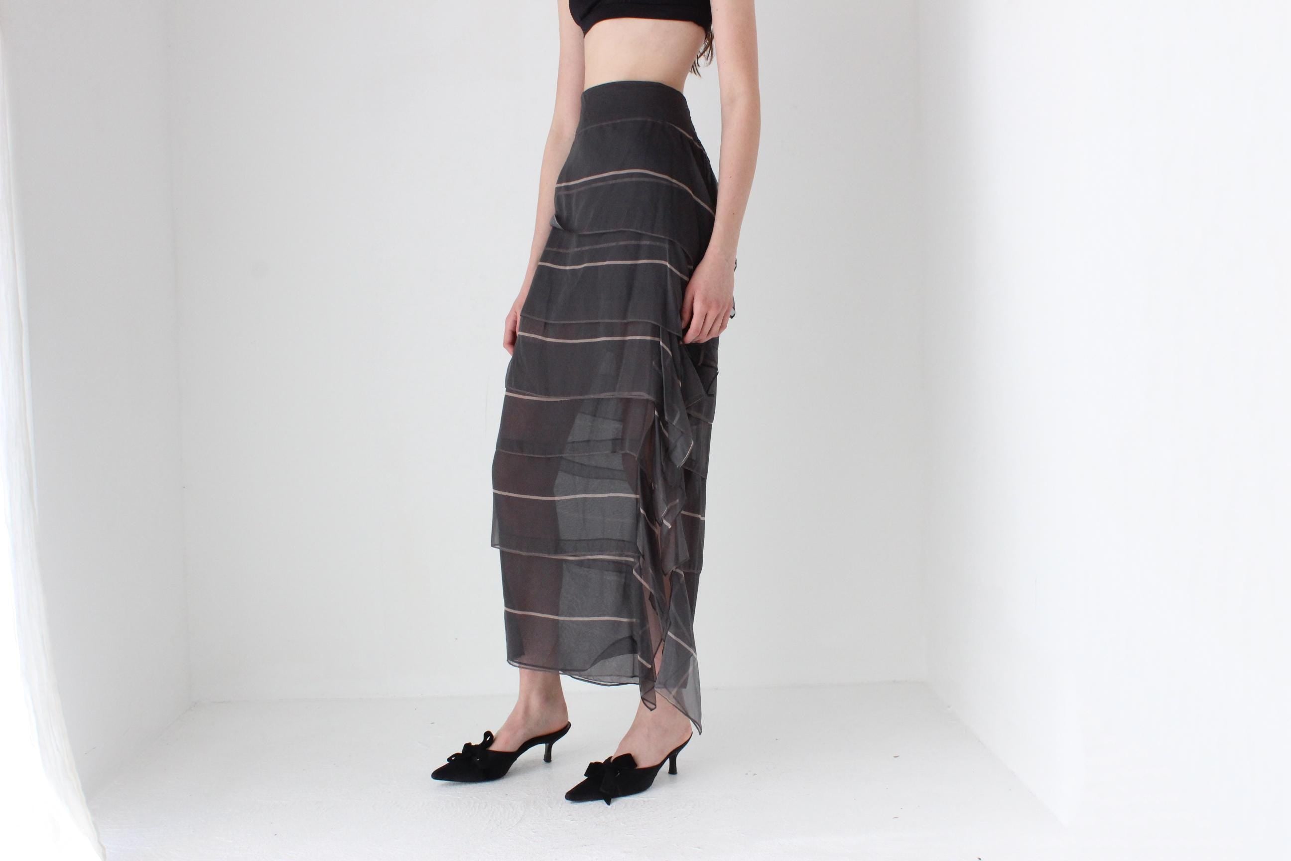 FRENCH COLLECTION 2000s Luxury Designer Brunello Cucinelli Tiered Silk Maxi Skirt w/ Asymmetric Ruffle