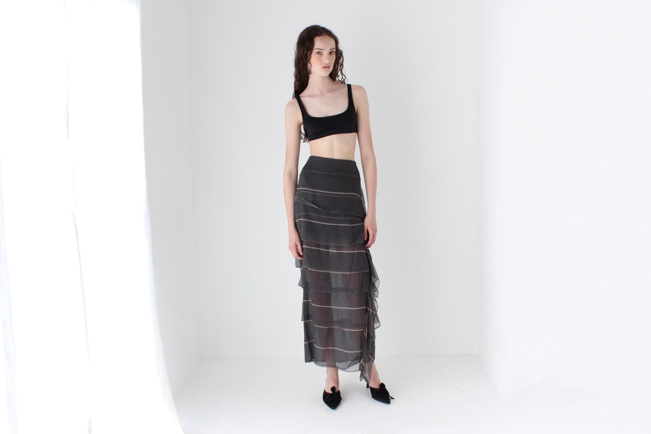 FRENCH COLLECTION 2000s Luxury Designer Brunello Cucinelli Tiered Silk Maxi Skirt w/ Asymmetric Ruffle
