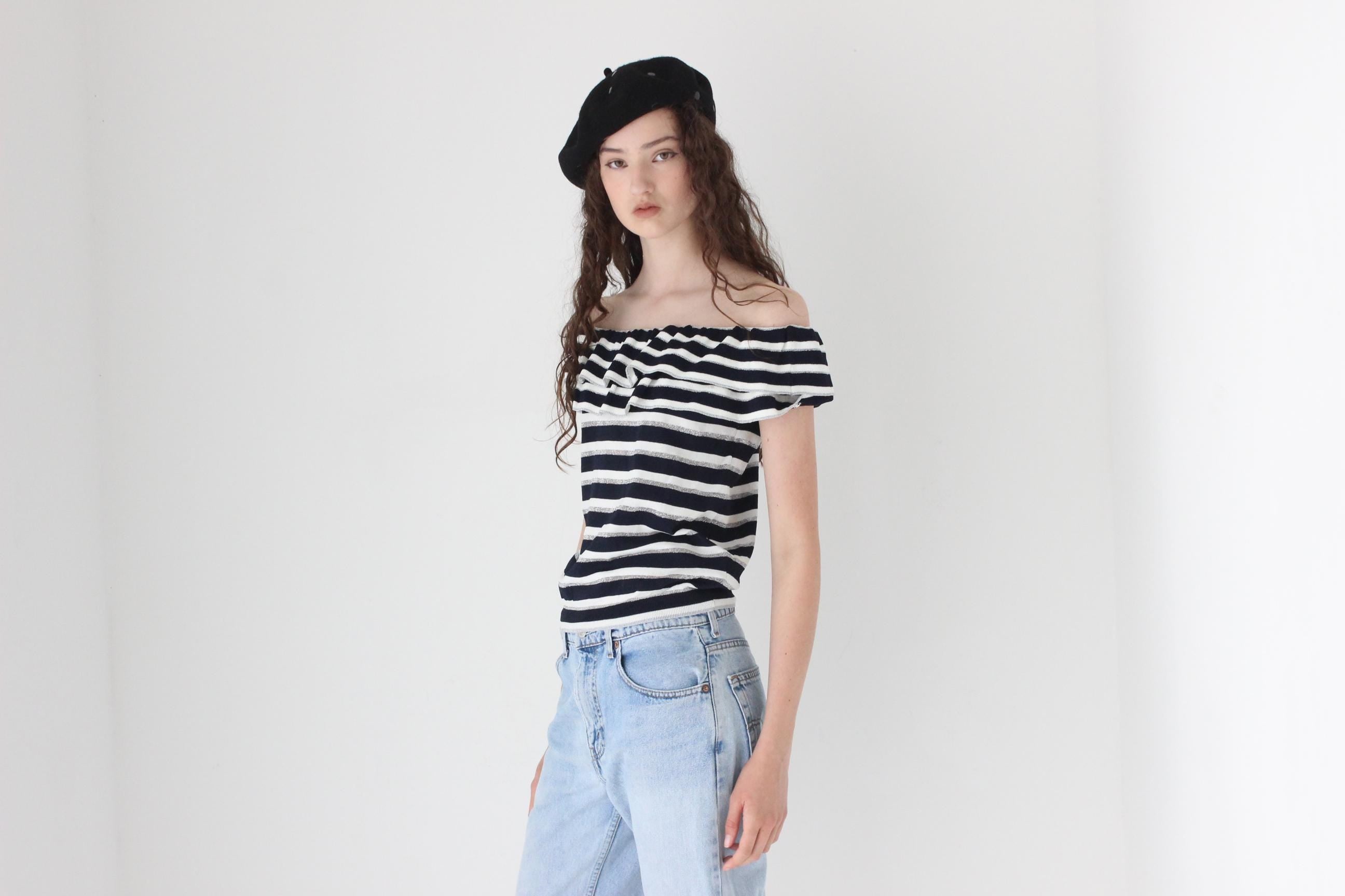 FRENCH COLLECTION Y2K Striped Knit Off Shoulder Top