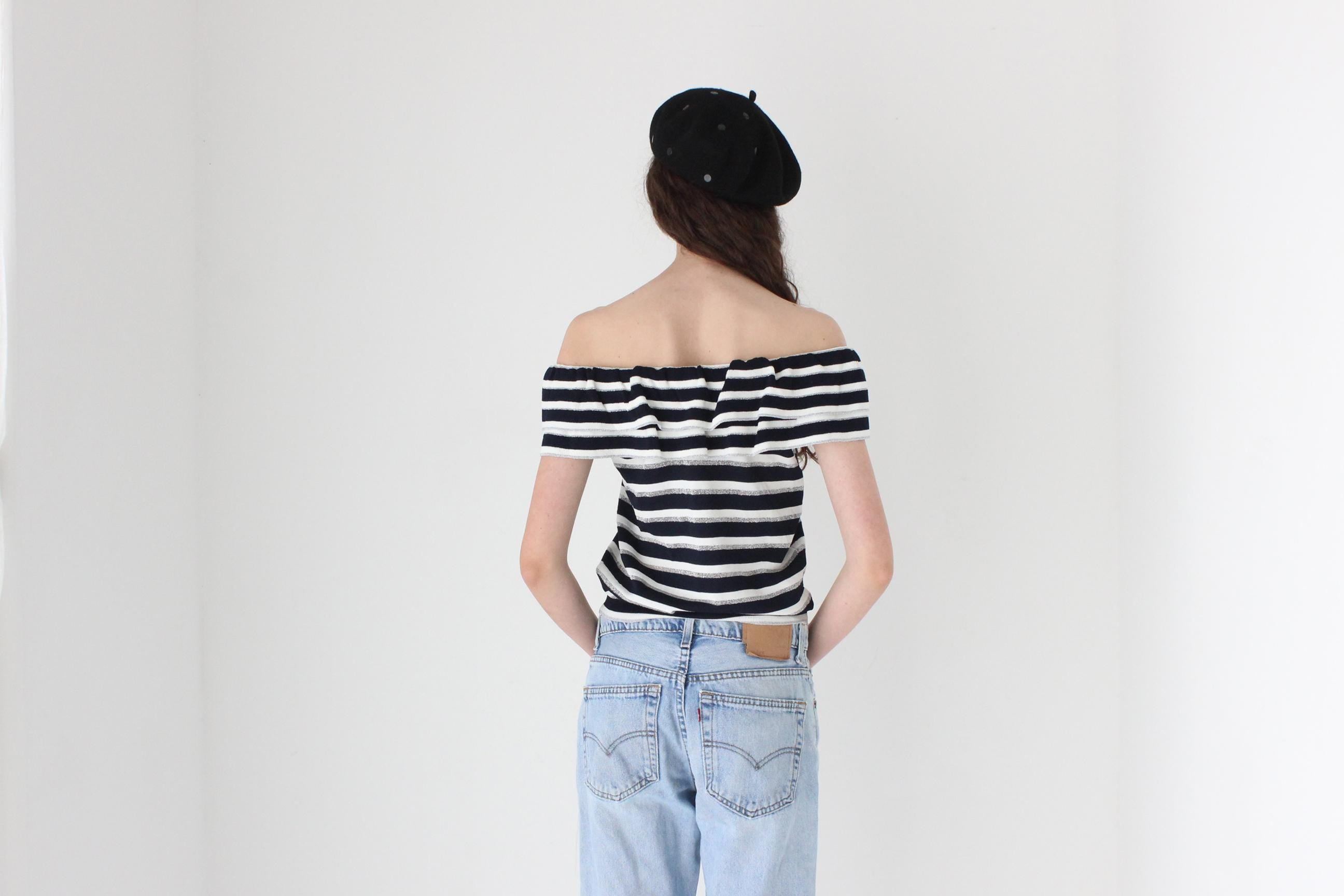 FRENCH COLLECTION Y2K Striped Knit Off Shoulder Top