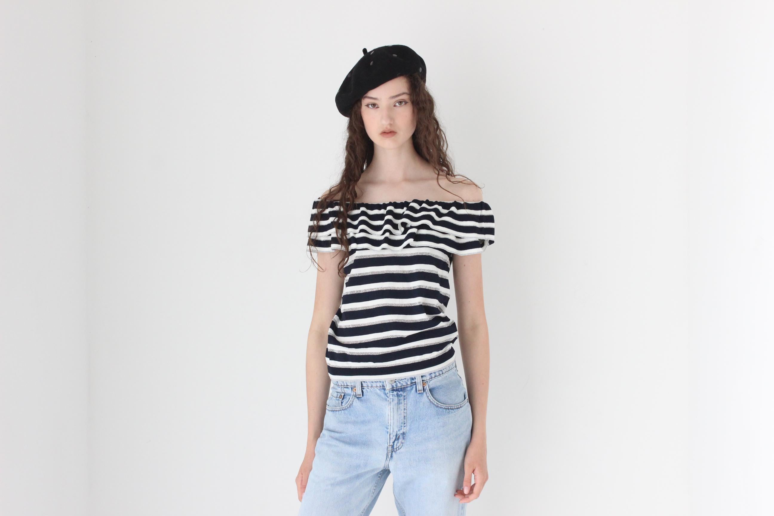 FRENCH COLLECTION Y2K Striped Knit Off Shoulder Top