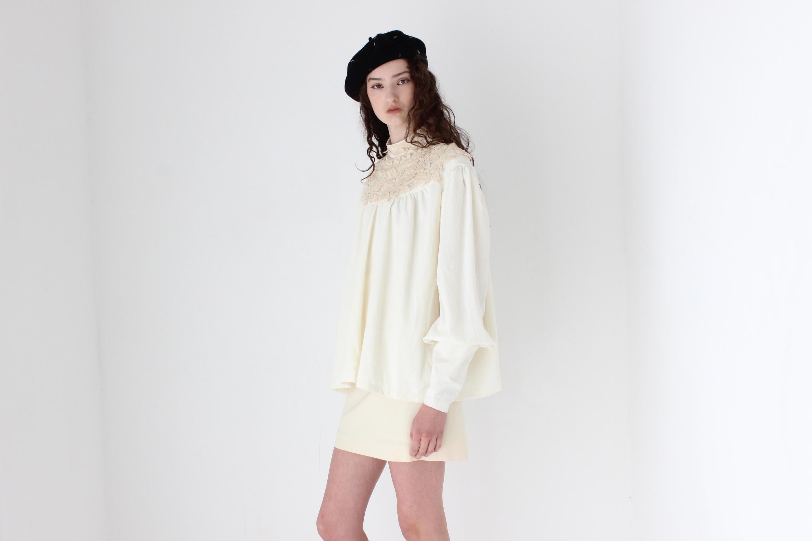 FRENCH COLLECTION 70s Gauze & Cotton Lace Artist Smock Top