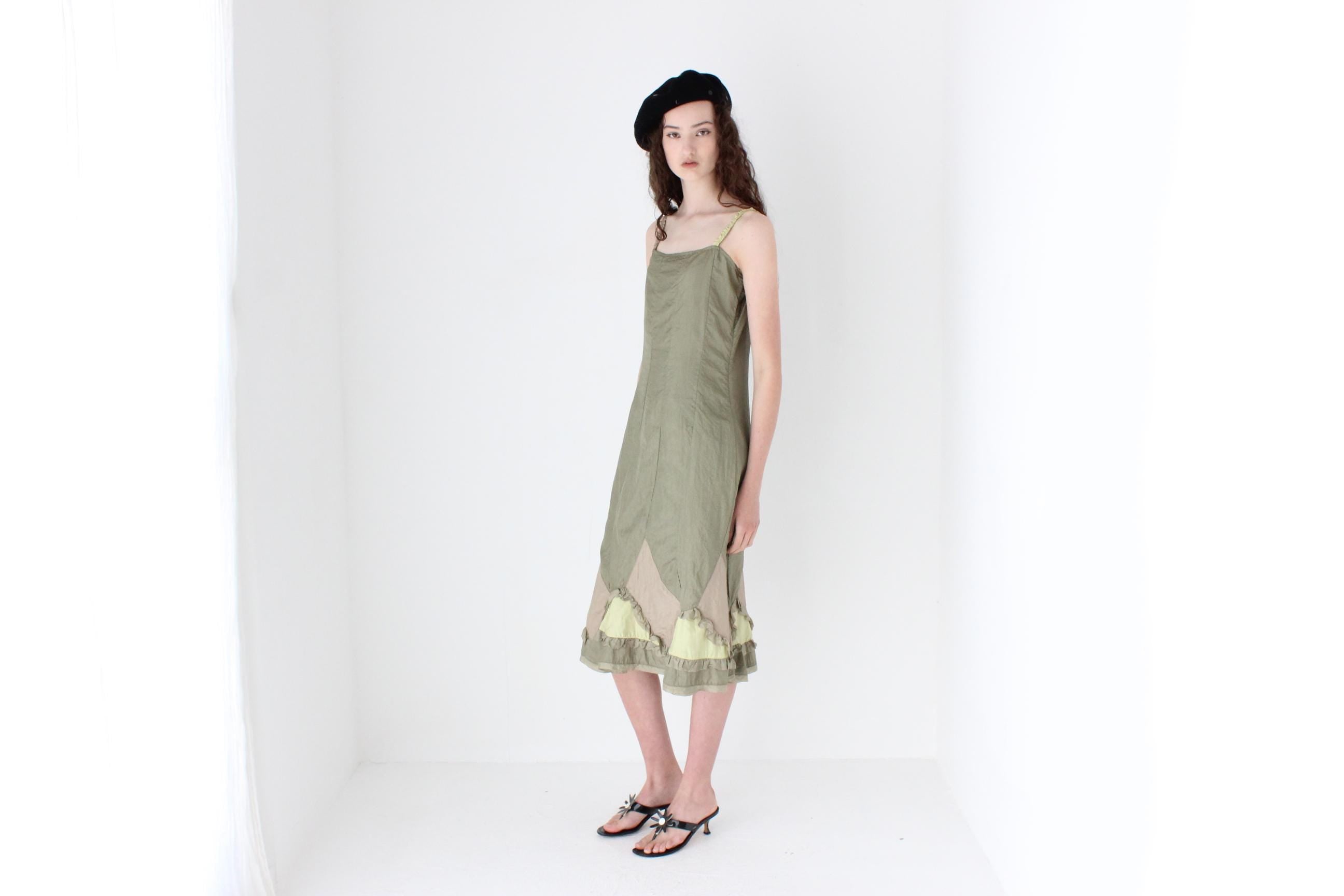 FRENCH COLLECTION 90s Olive Parachute Slip Dress w/ Silk Ruffles