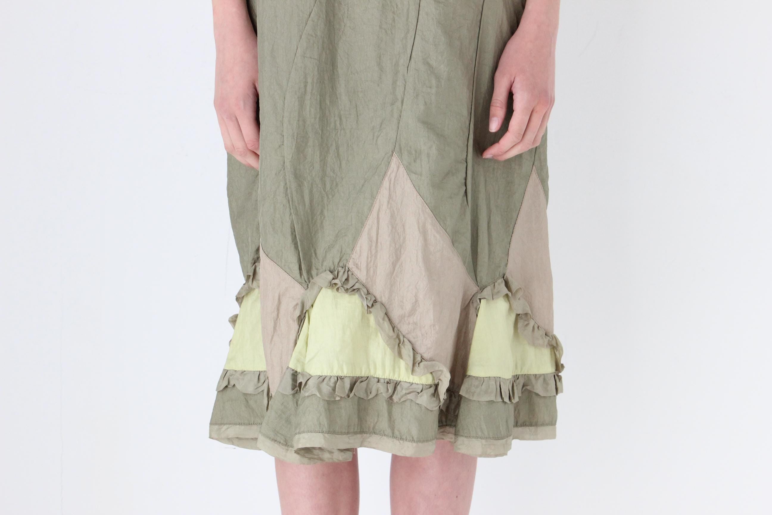 FRENCH COLLECTION 90s Olive Parachute Slip Dress w/ Silk Ruffles