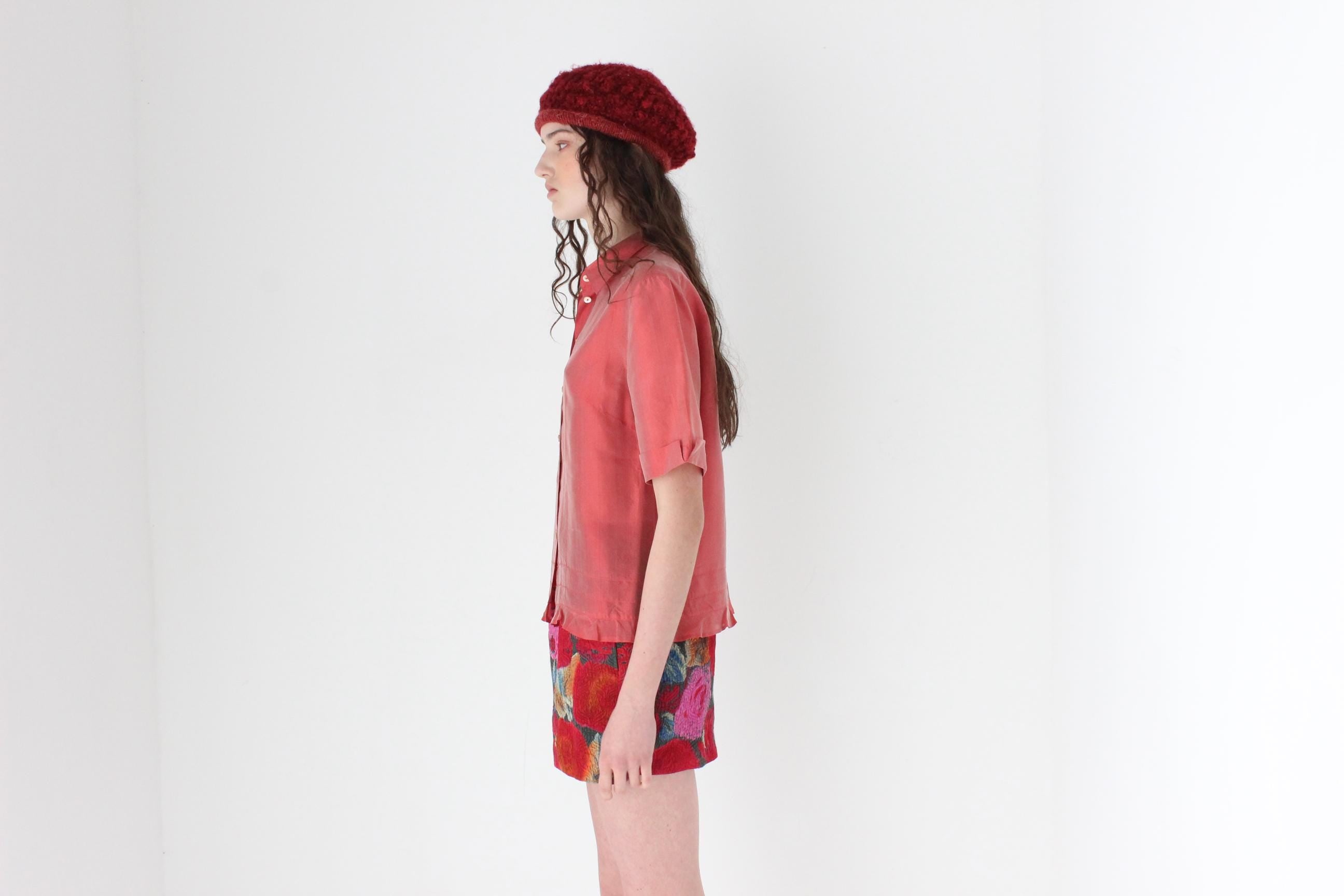 FRENCH COLLECTION 2000s Shimmer Silk Short Sleeve Blouse