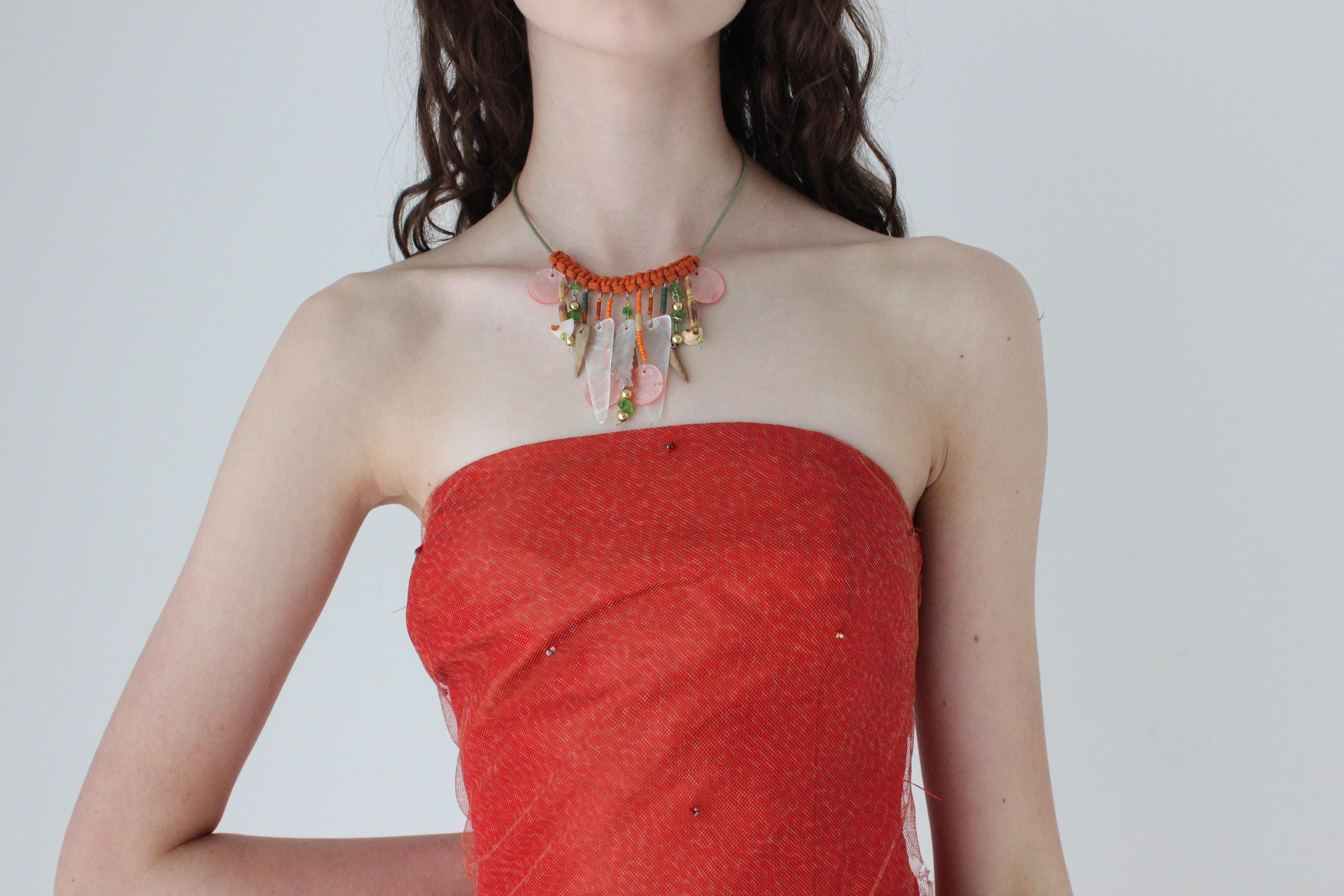 FRENCH COLLECTION 90s Handmade Shell & Bead Suede Woven Choker / Necklace