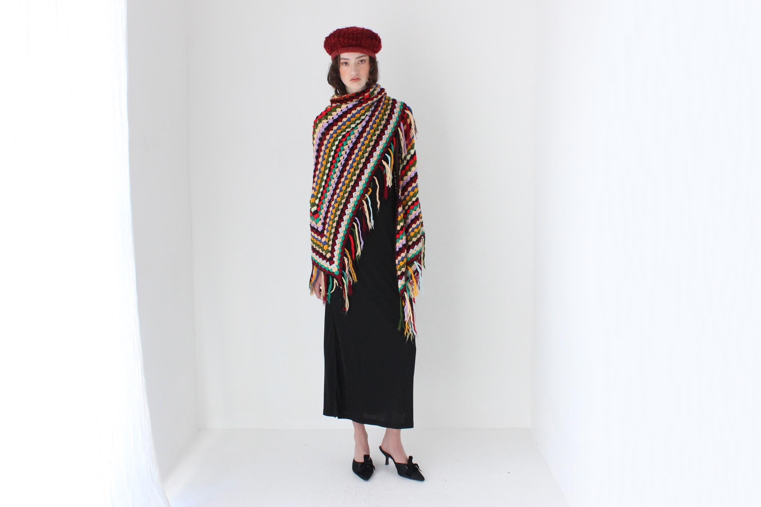 FRENCH COLLECTION 70s Handmade Rainbow Knit Crochet Shawl