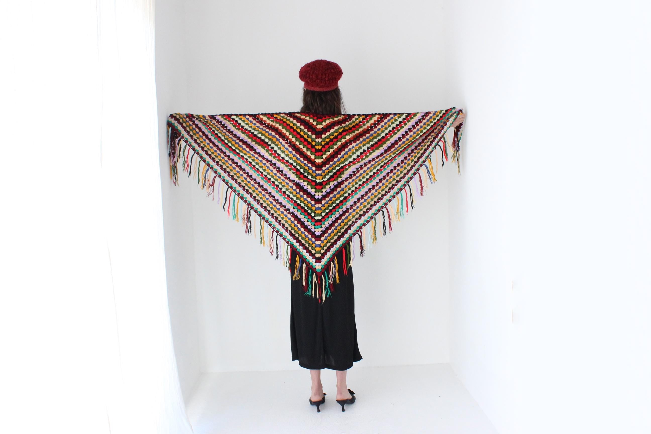 FRENCH COLLECTION 70s Handmade Rainbow Knit Crochet Shawl