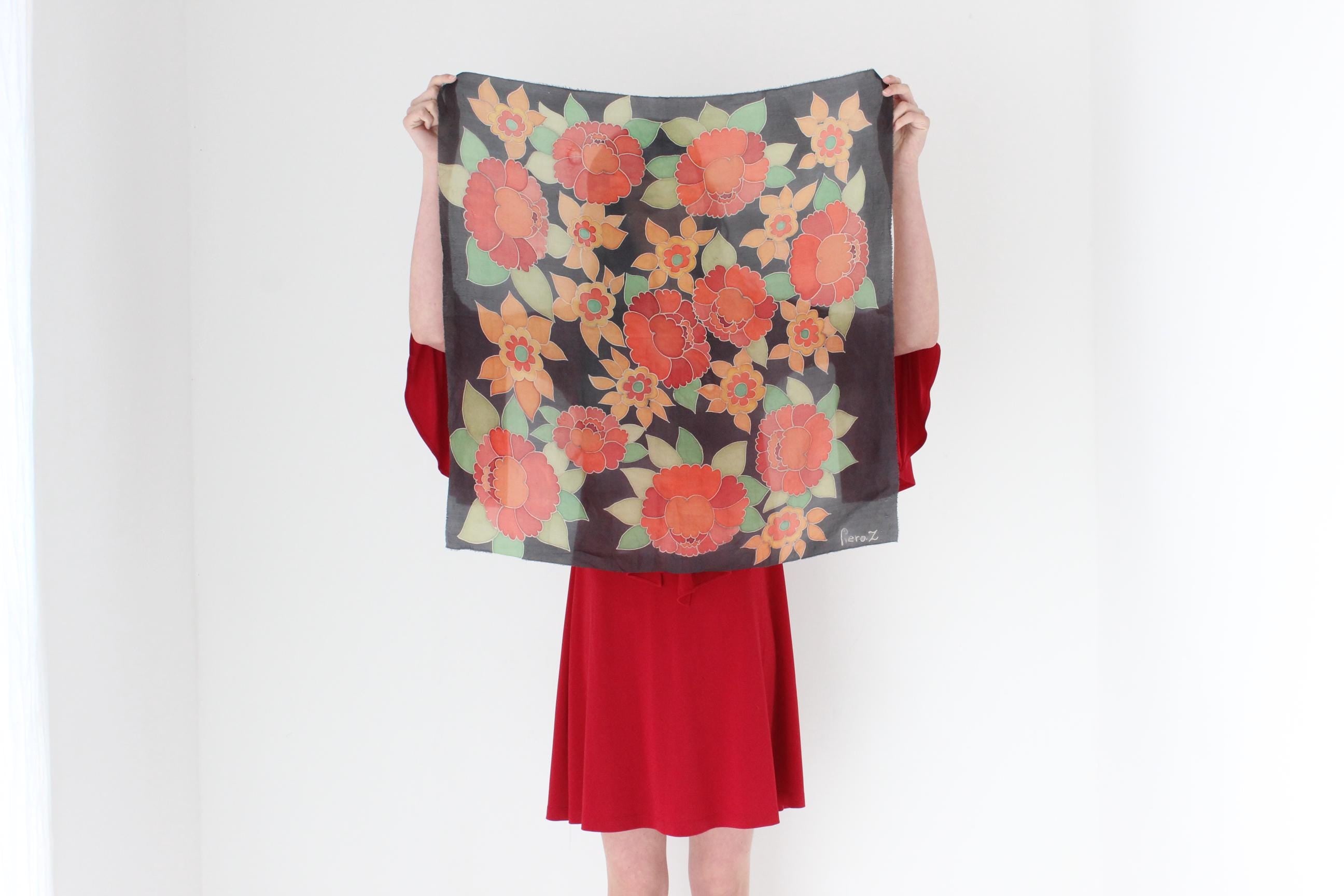 FRENCH COLLECTION 80s Hand Painted Silk Scarf