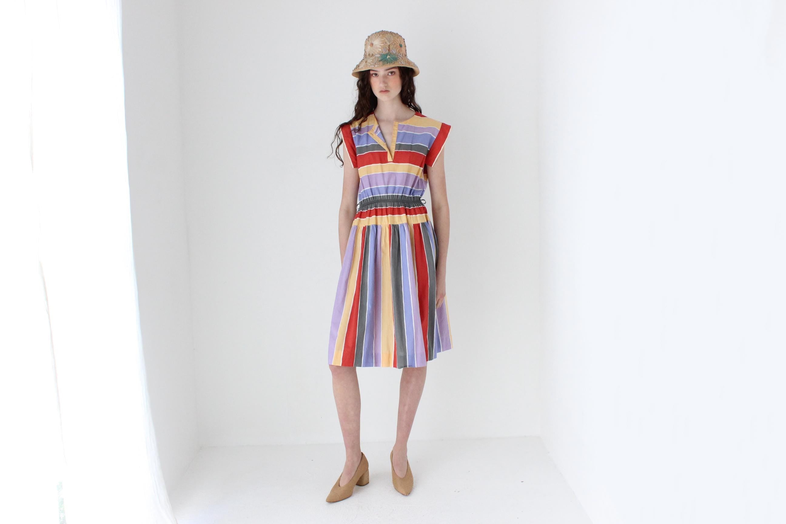 FRENCH COLLECTION 80s French Designer Rainbow Striped Sun Dress