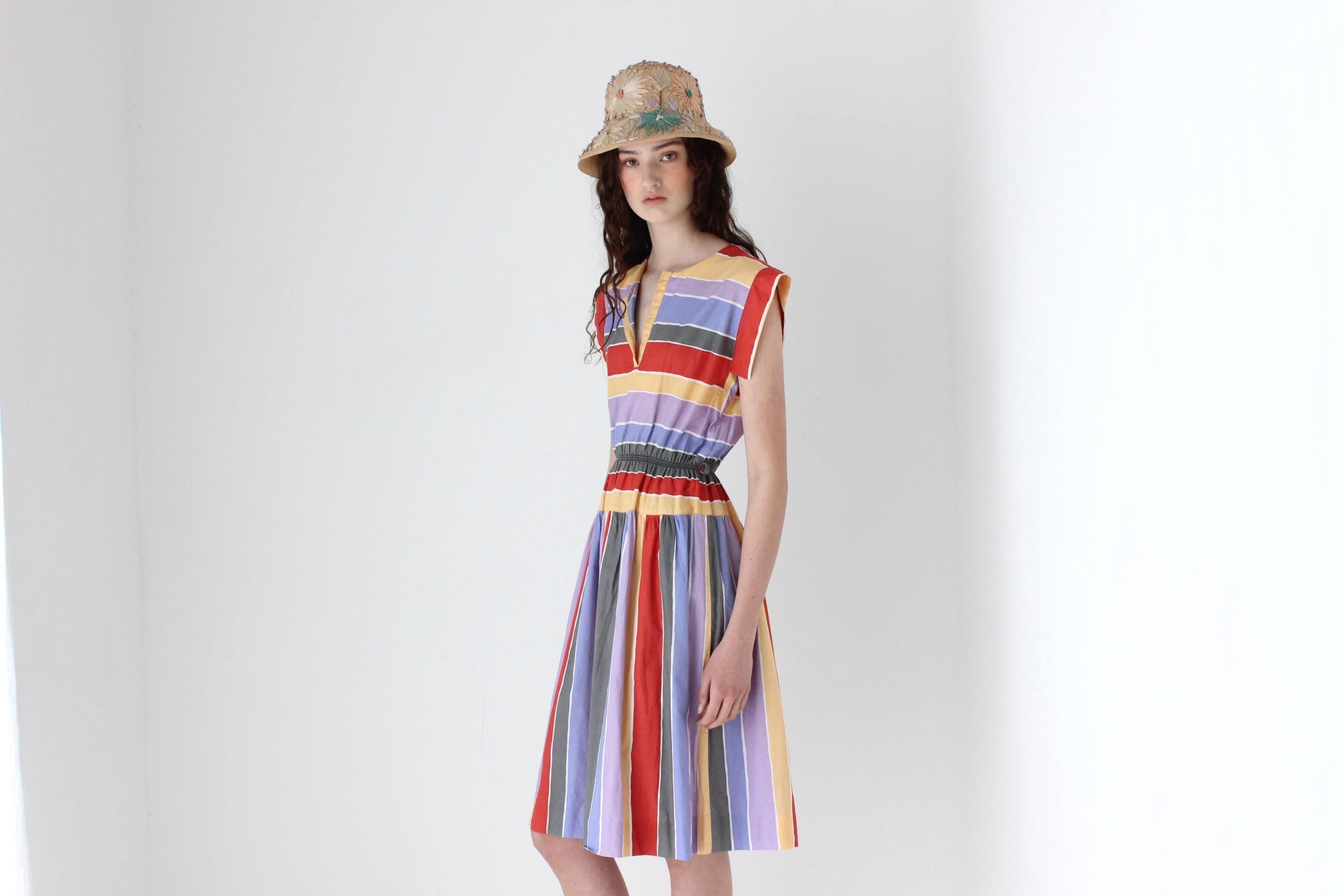 FRENCH COLLECTION 80s French Designer Rainbow Striped Sun Dress