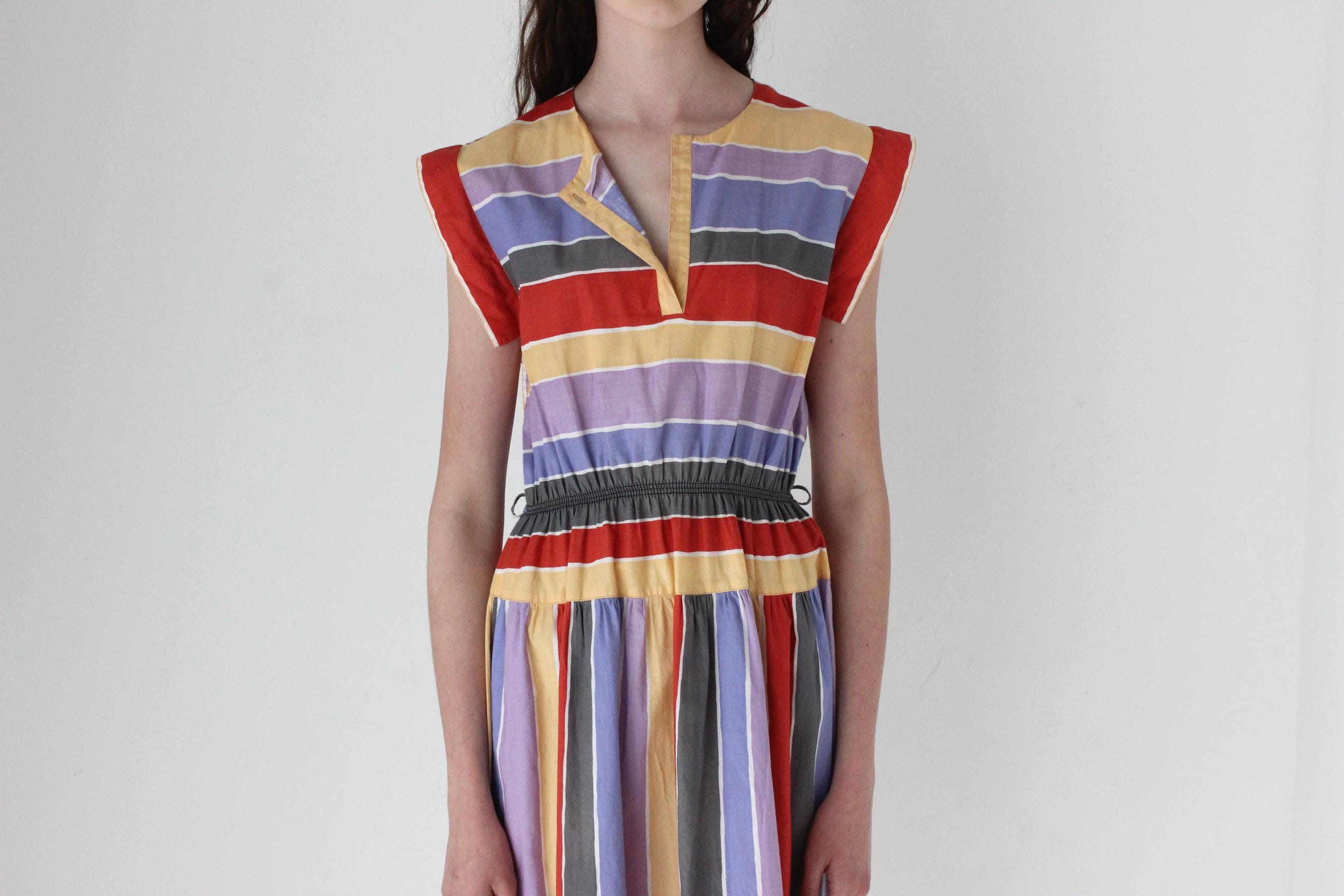 FRENCH COLLECTION 80s French Designer Rainbow Striped Sun Dress