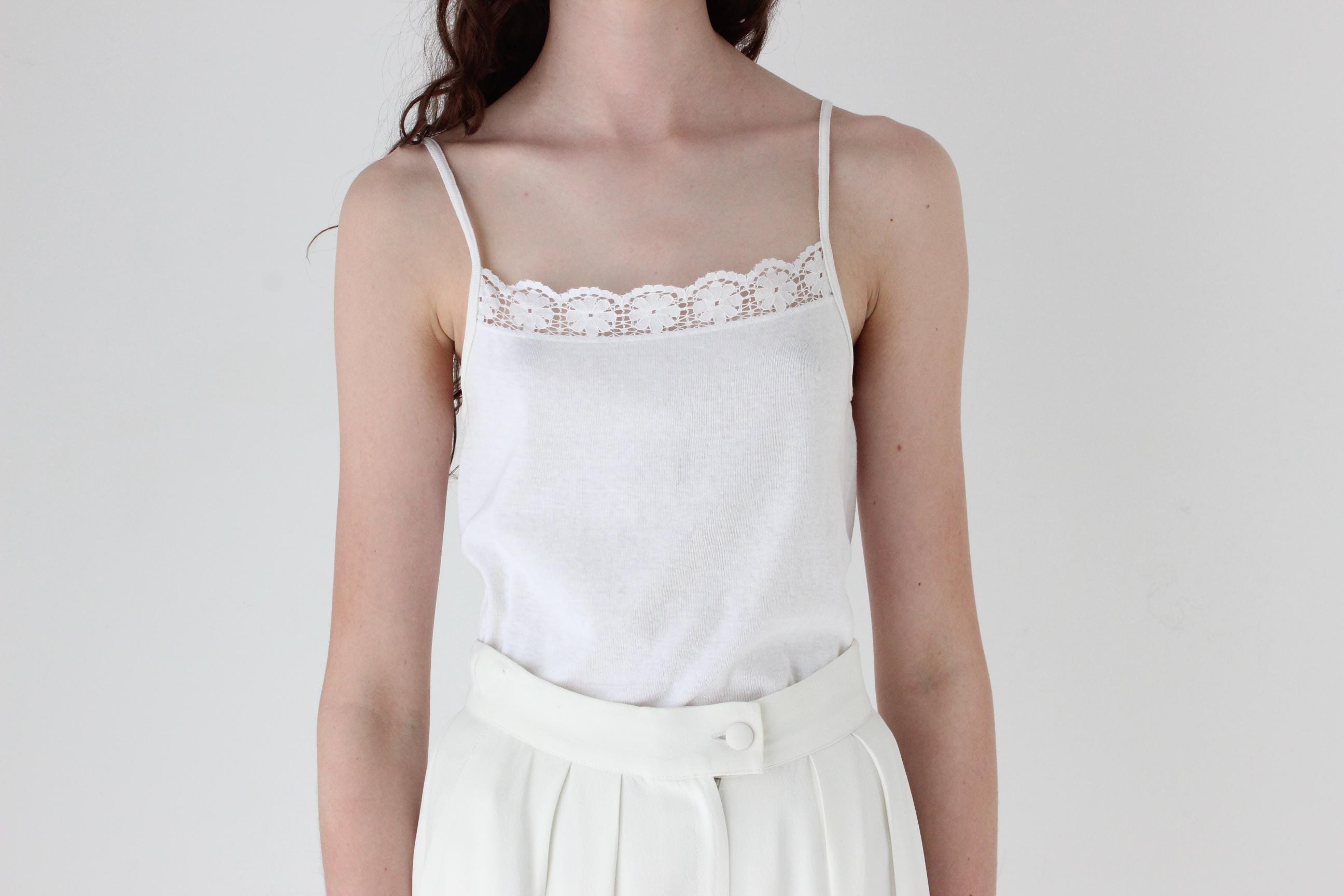FRENCH COLLECTION 70s White Ribbed Cotton Tank w/ Lace Trim