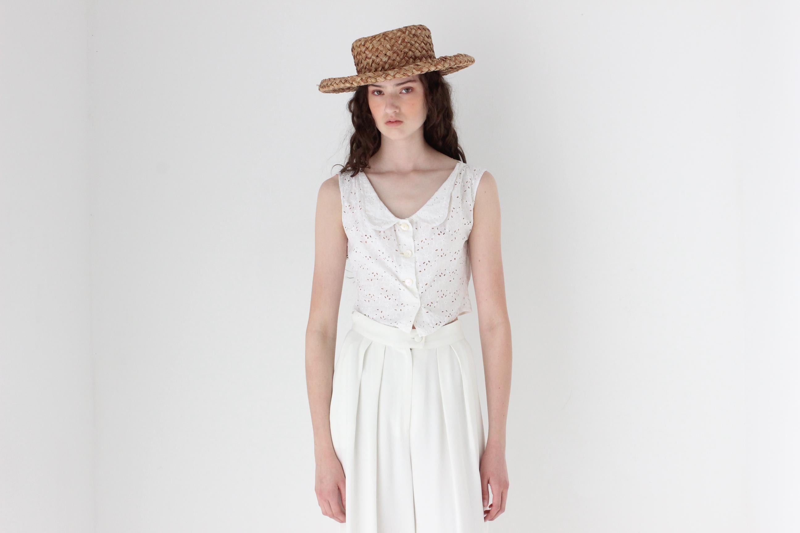 FRENCH COLLECTION Antique Broderie Anglaise Collared Crop Top