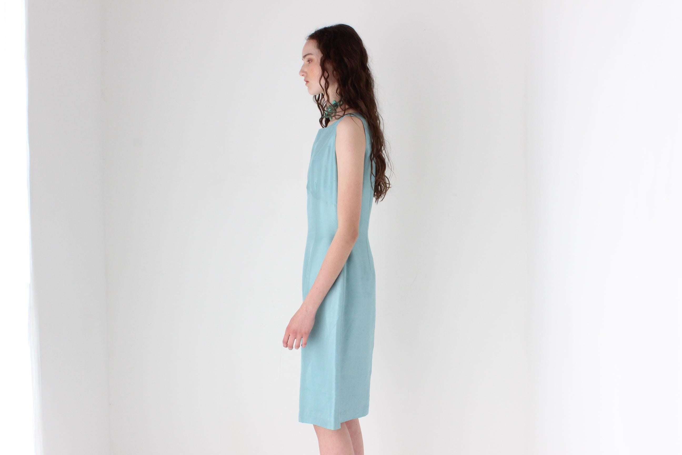 FRENCH COLLECTION 90s Bateau Neck Silk Dress in Duck Egg Blue