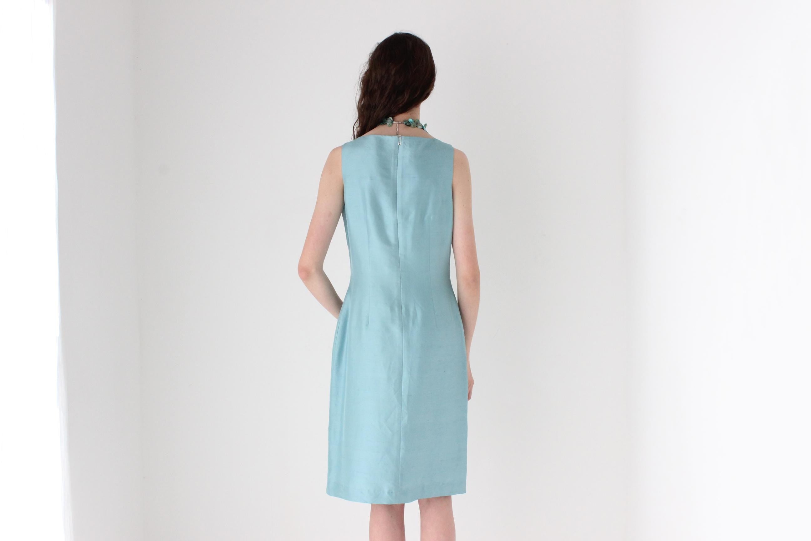 FRENCH COLLECTION 90s Bateau Neck Silk Dress in Duck Egg Blue