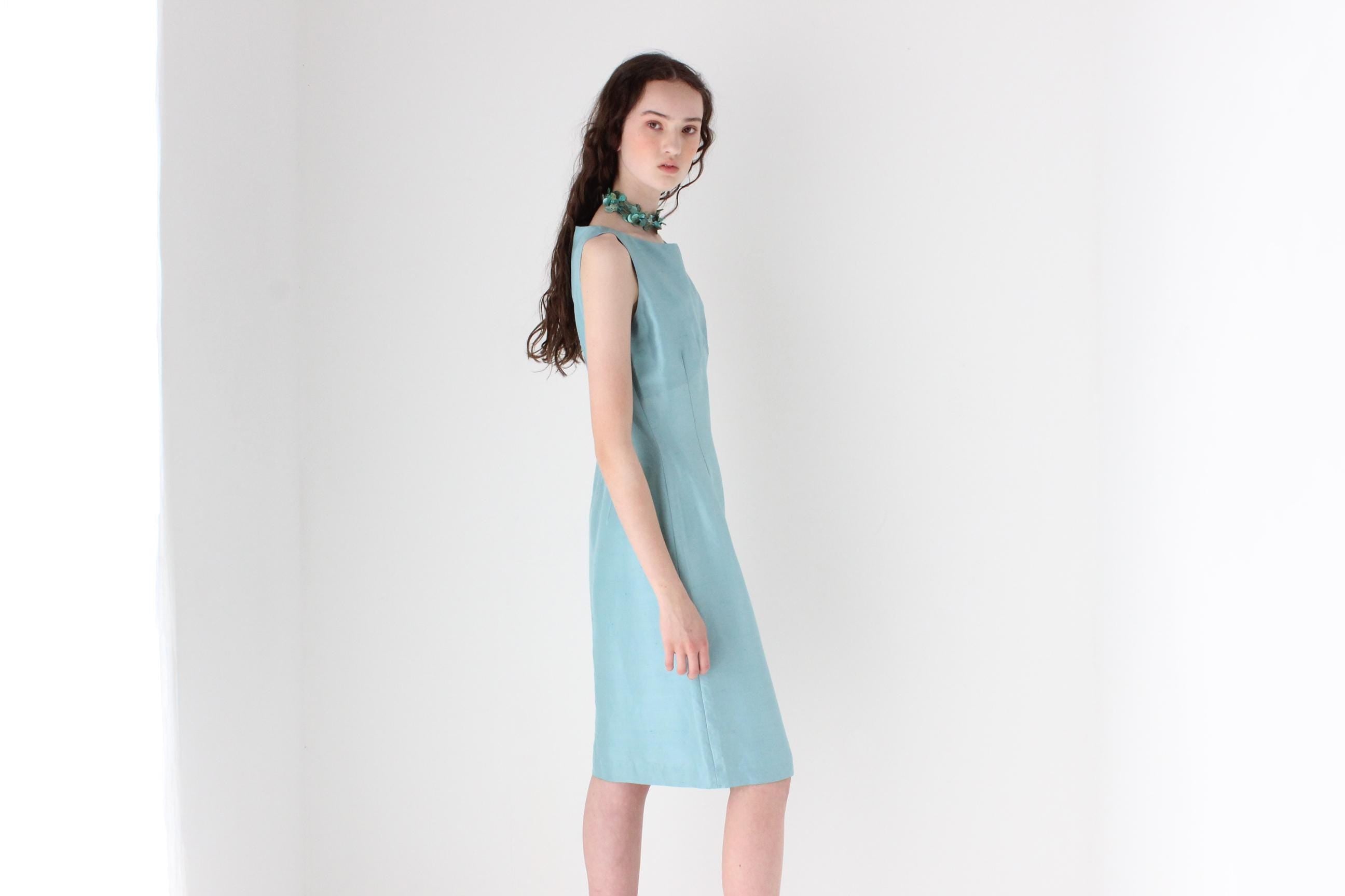 FRENCH COLLECTION 90s Bateau Neck Silk Dress in Duck Egg Blue
