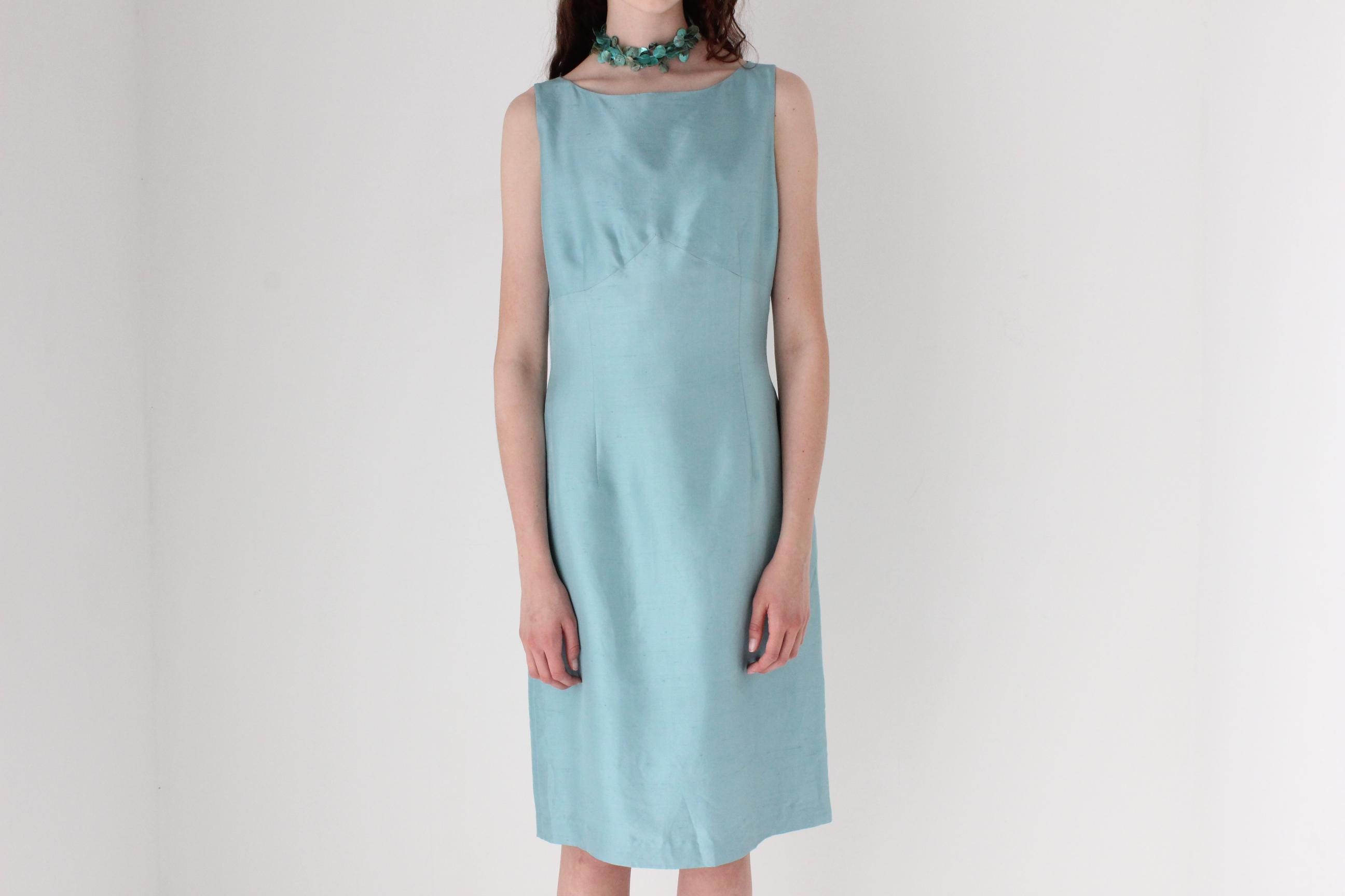 FRENCH COLLECTION 90s Bateau Neck Silk Dress in Duck Egg Blue