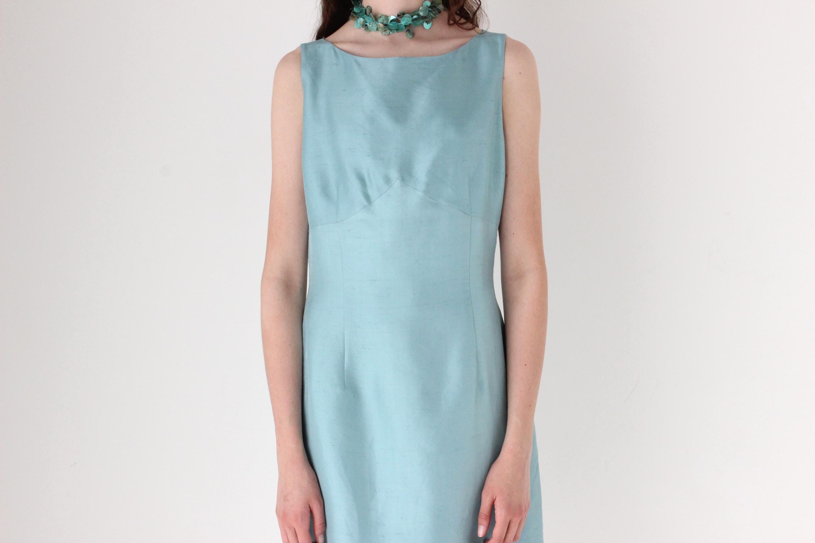 FRENCH COLLECTION 90s Bateau Neck Silk Dress in Duck Egg Blue