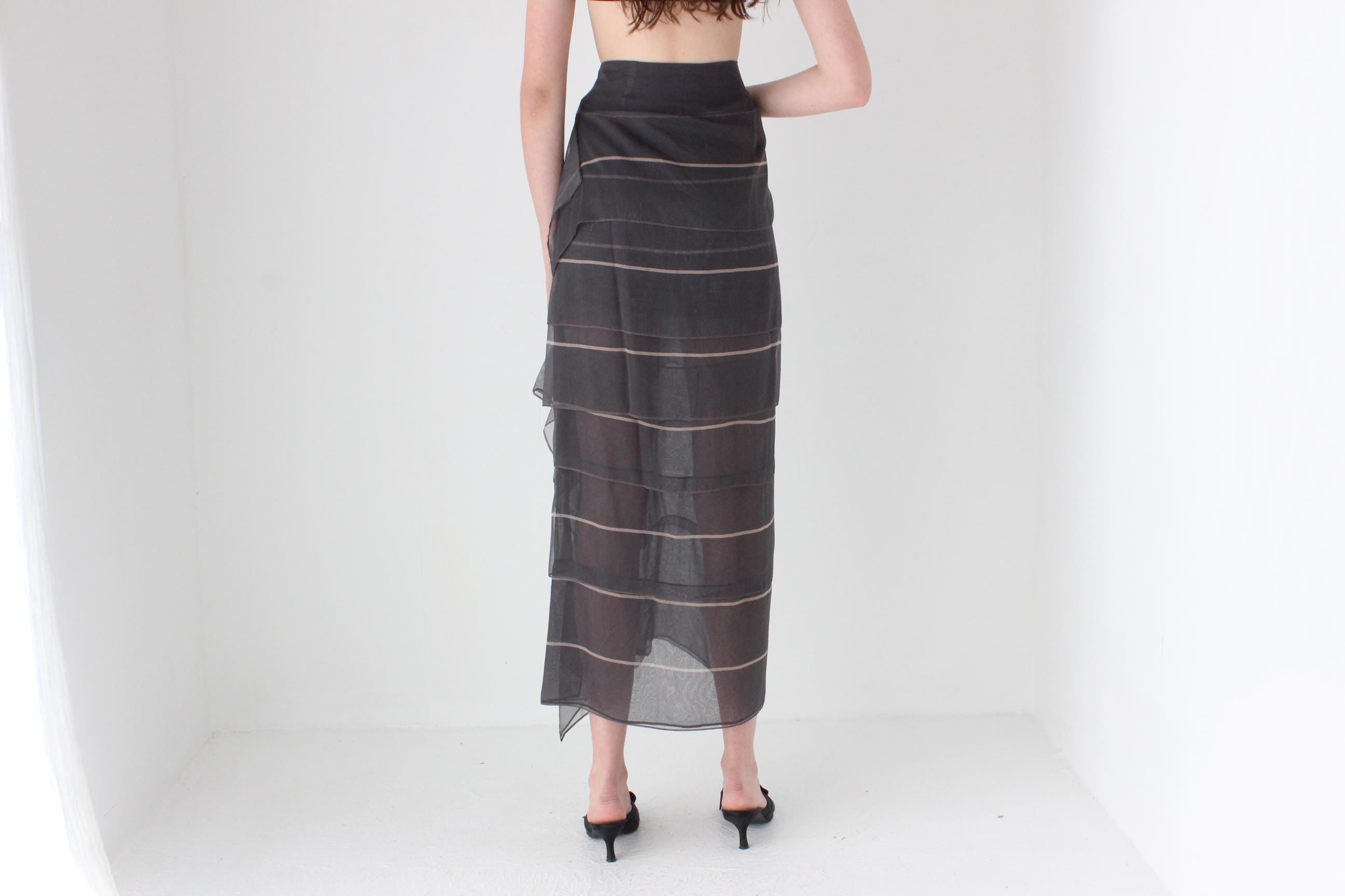FRENCH COLLECTION 2000s Luxury Designer Brunello Cucinelli Tiered Silk Maxi Skirt w/ Asymmetric Ruffle