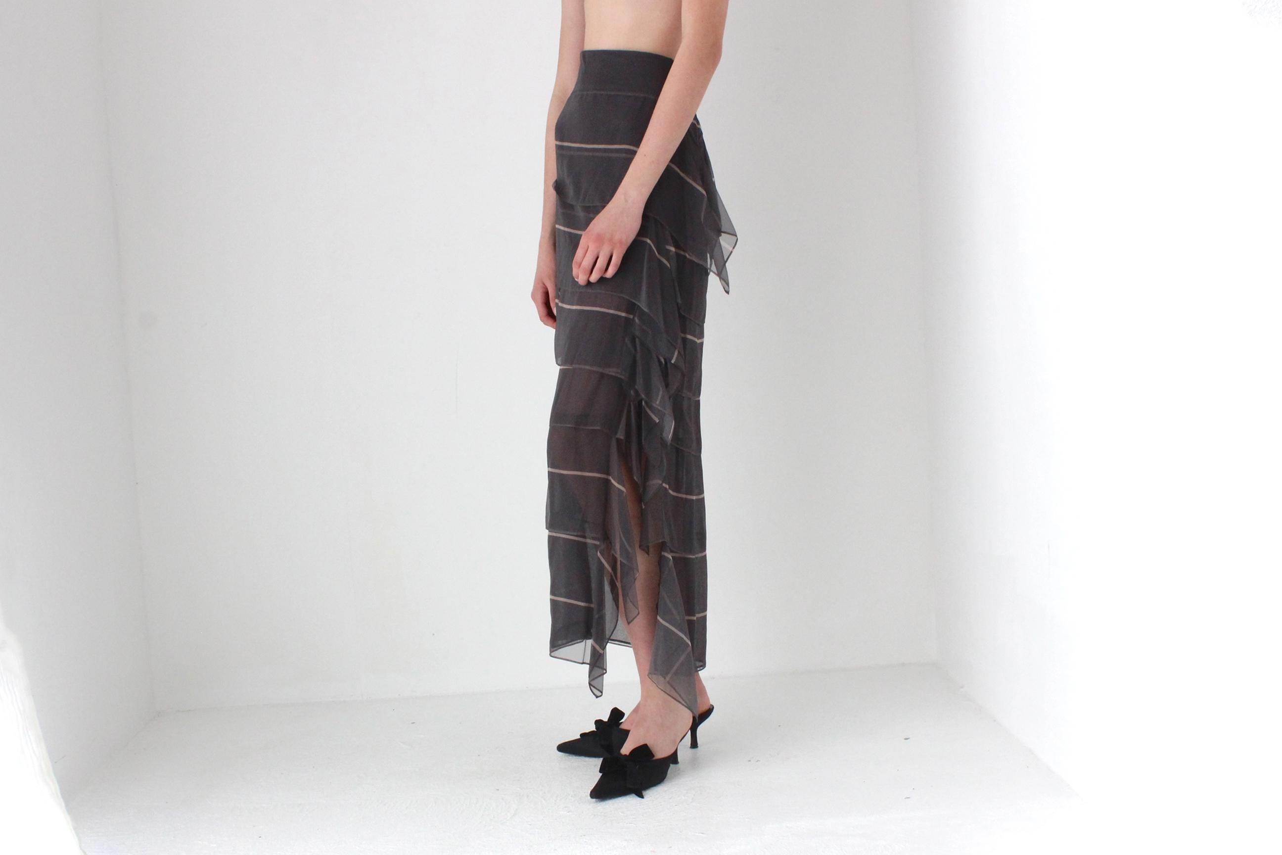 FRENCH COLLECTION 2000s Luxury Designer Brunello Cucinelli Tiered Silk Maxi Skirt w/ Asymmetric Ruffle