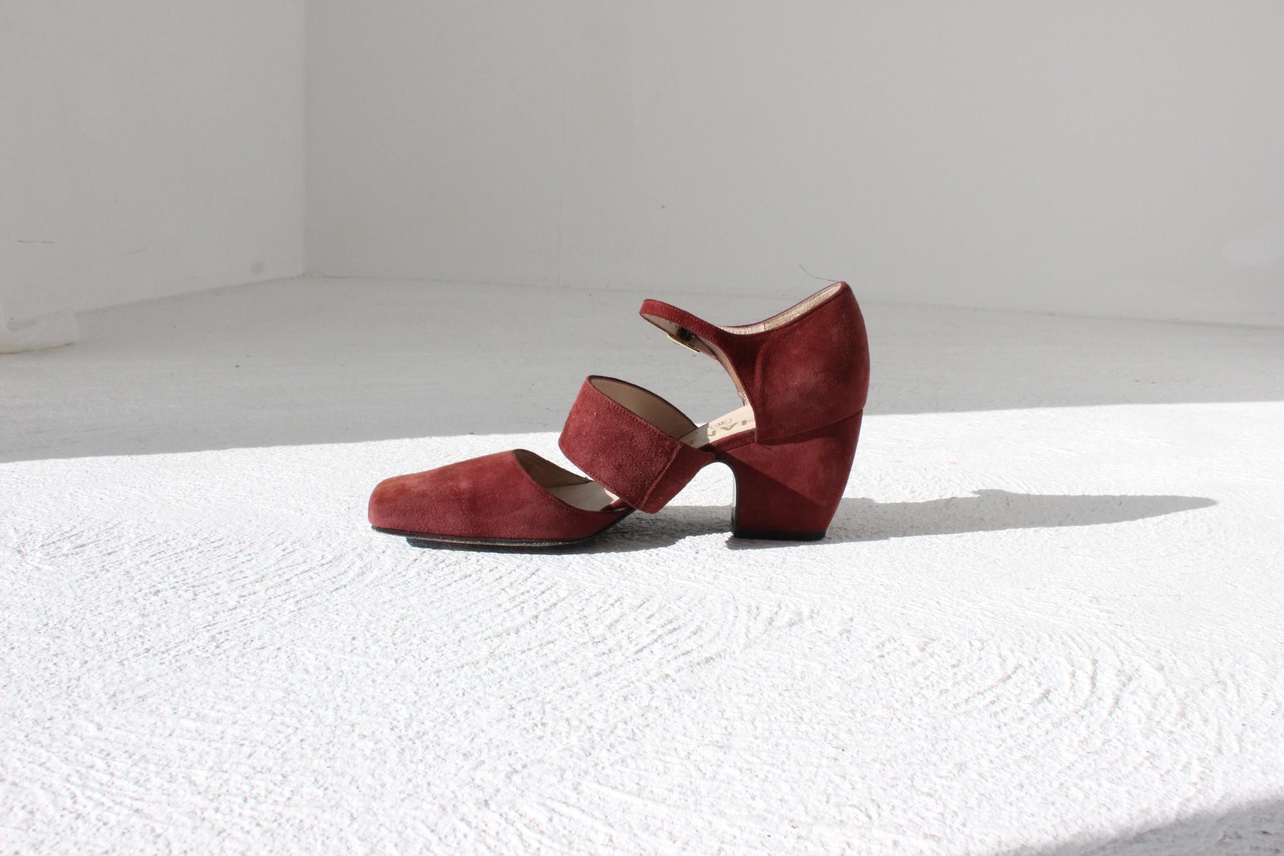 FRENCH COLLECTION Vintage 90s Chanel Suede Sculptural Square Toe Mary Jane Sandals ~ Euro 36