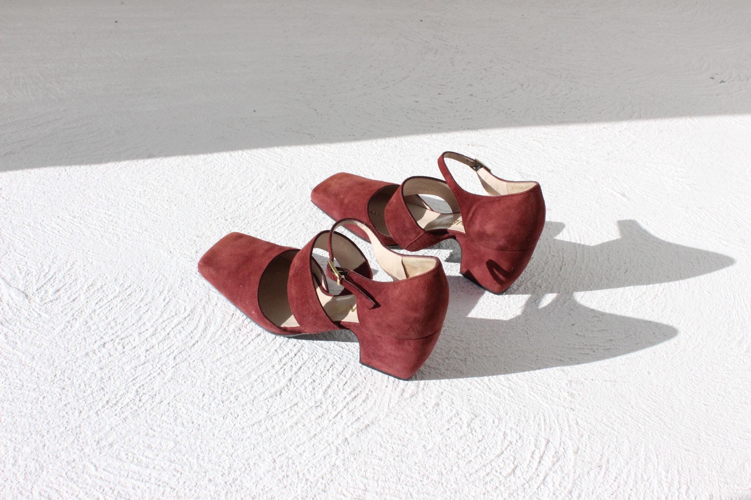 FRENCH COLLECTION Vintage 90s Chanel Suede Sculptural Square Toe Mary Jane Sandals ~ Euro 36