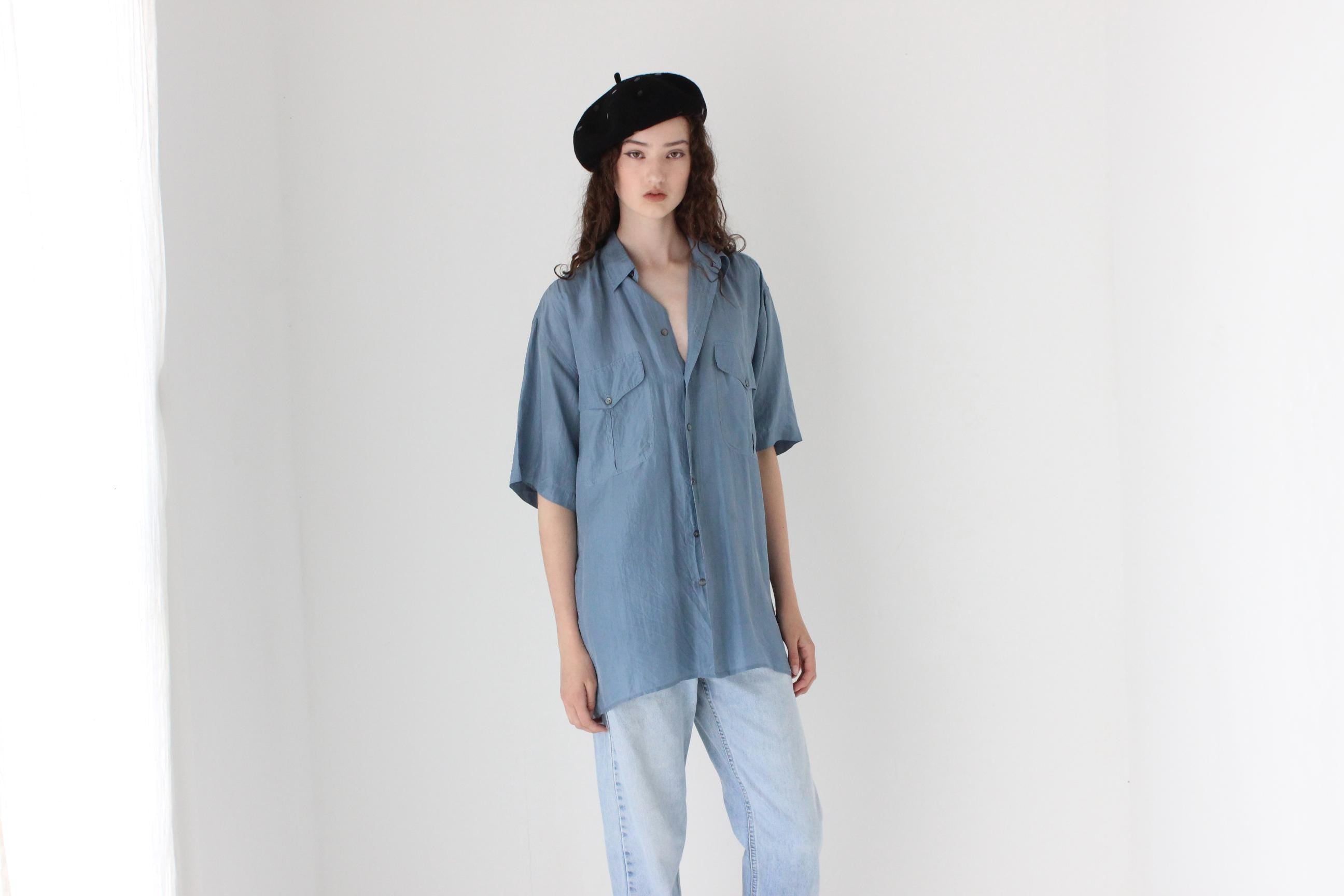 FRENCH COLLECTION 80s Pure Silk Boxy Blue Shirt