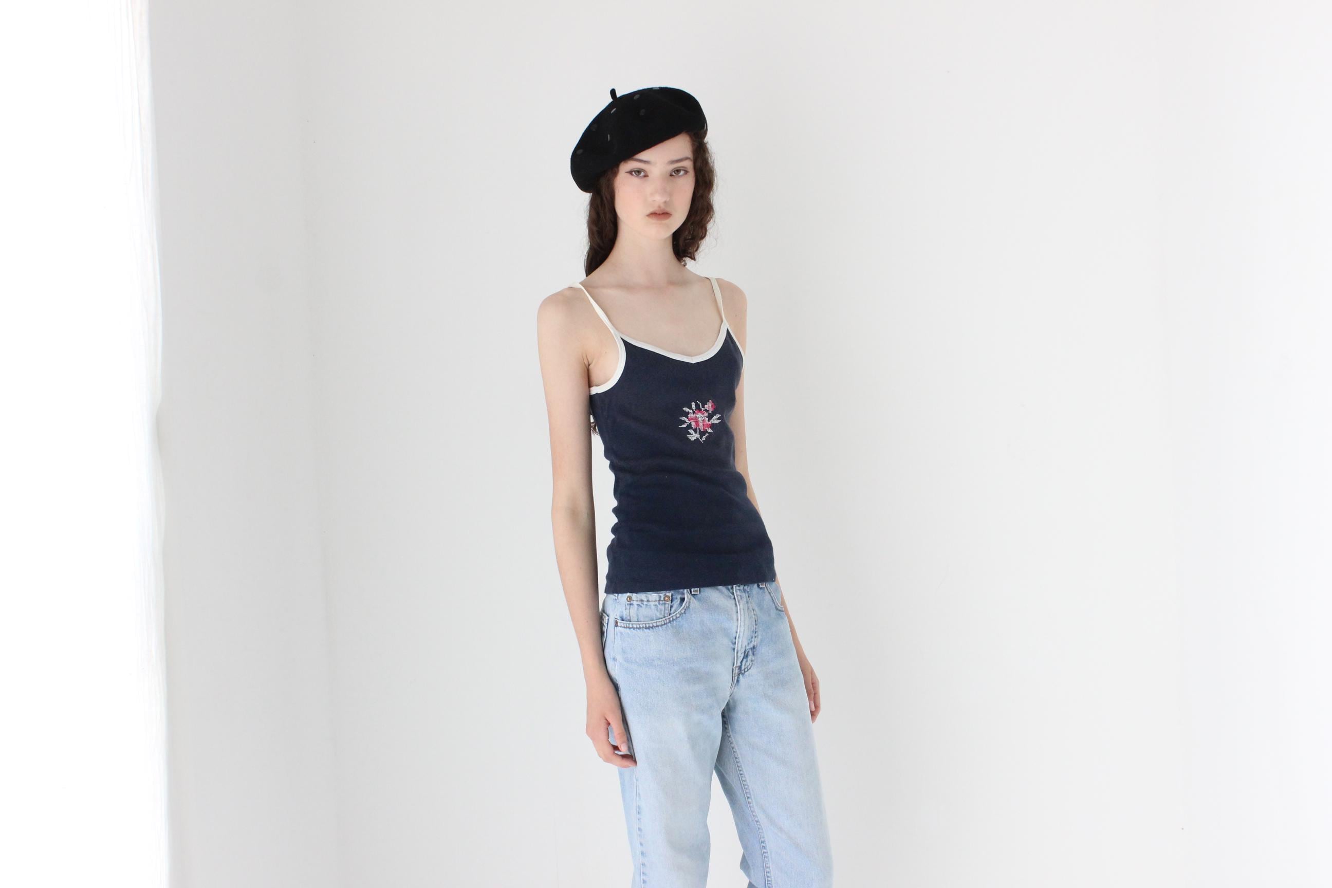 FRENCH COLLECTION Adorable 70s Cotton Tank w/ Cross-Stitch Motif