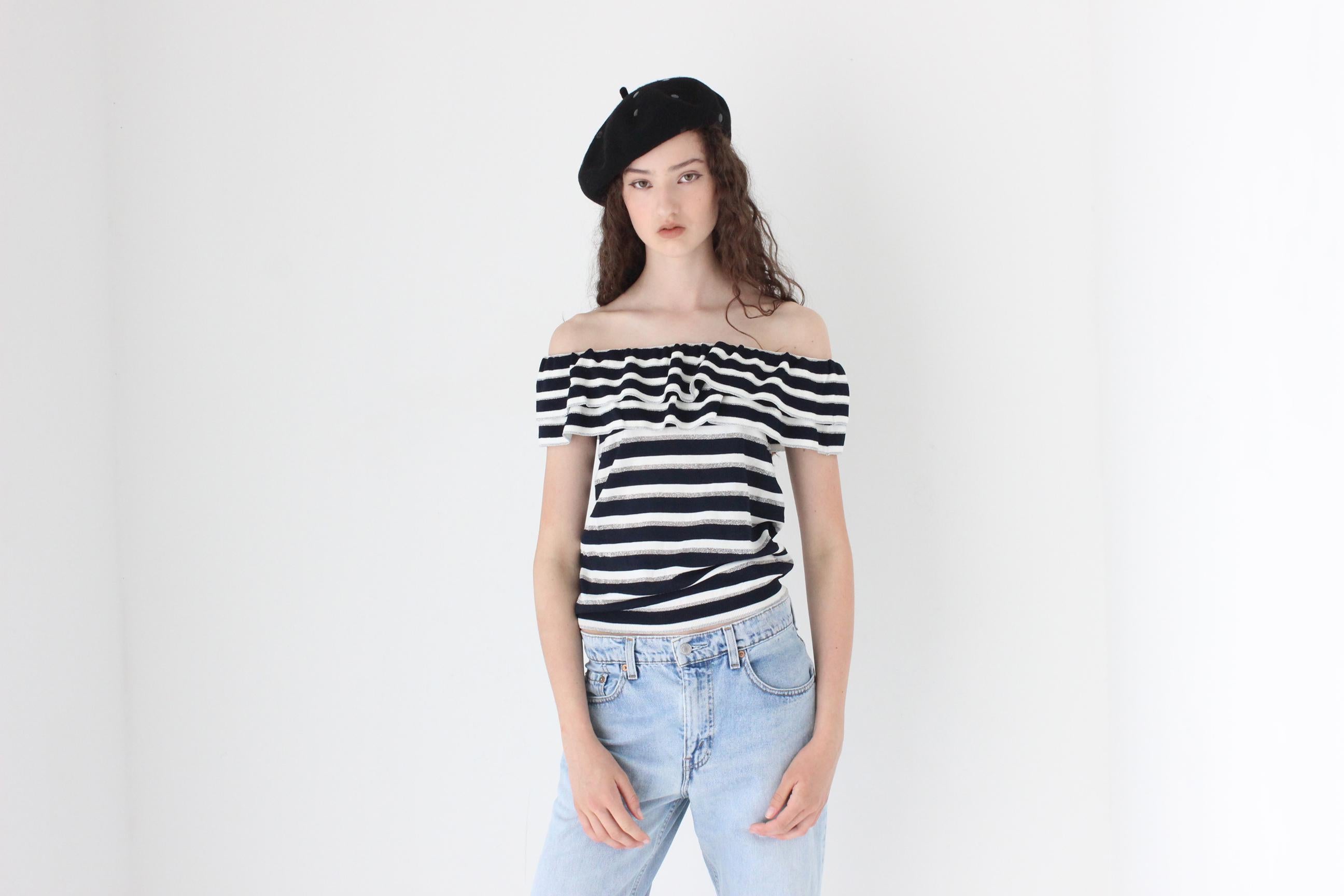 FRENCH COLLECTION Y2K Striped Knit Off Shoulder Top