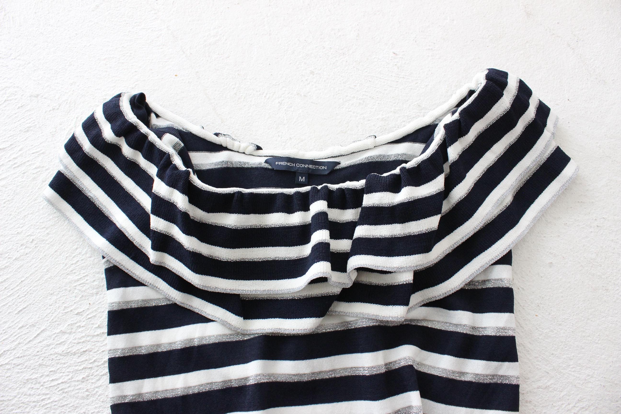FRENCH COLLECTION Y2K Striped Knit Off Shoulder Top