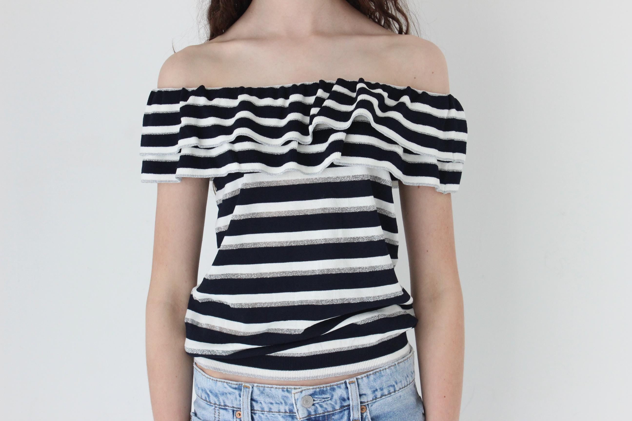 FRENCH COLLECTION Y2K Striped Knit Off Shoulder Top
