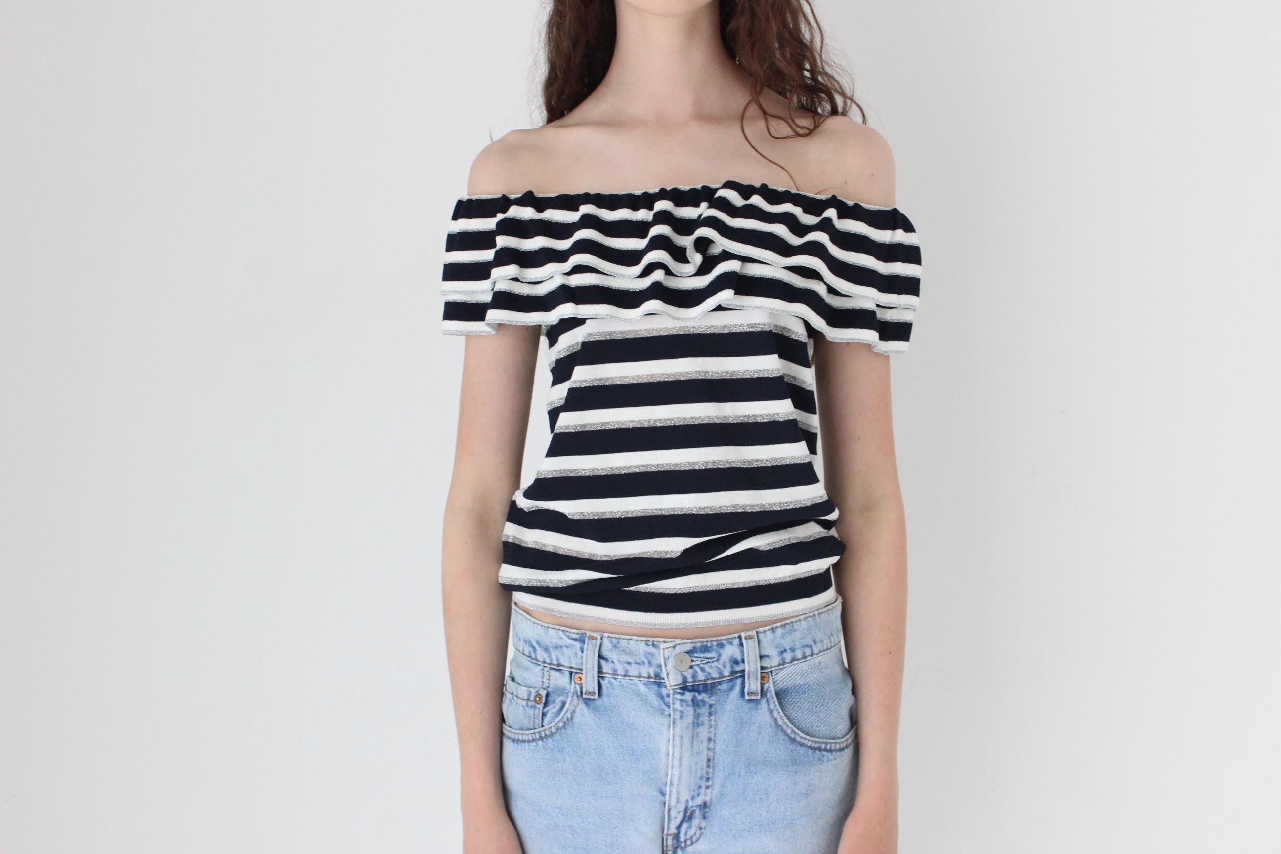 FRENCH COLLECTION Y2K Striped Knit Off Shoulder Top
