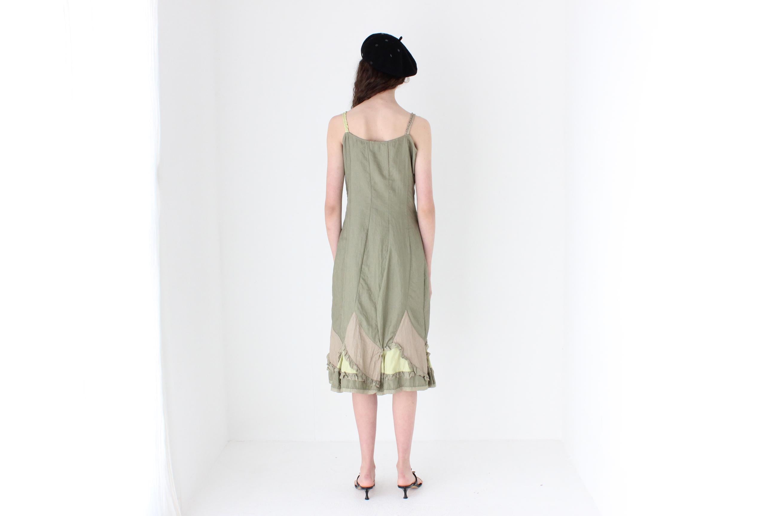 FRENCH COLLECTION 90s Olive Parachute Slip Dress w/ Silk Ruffles