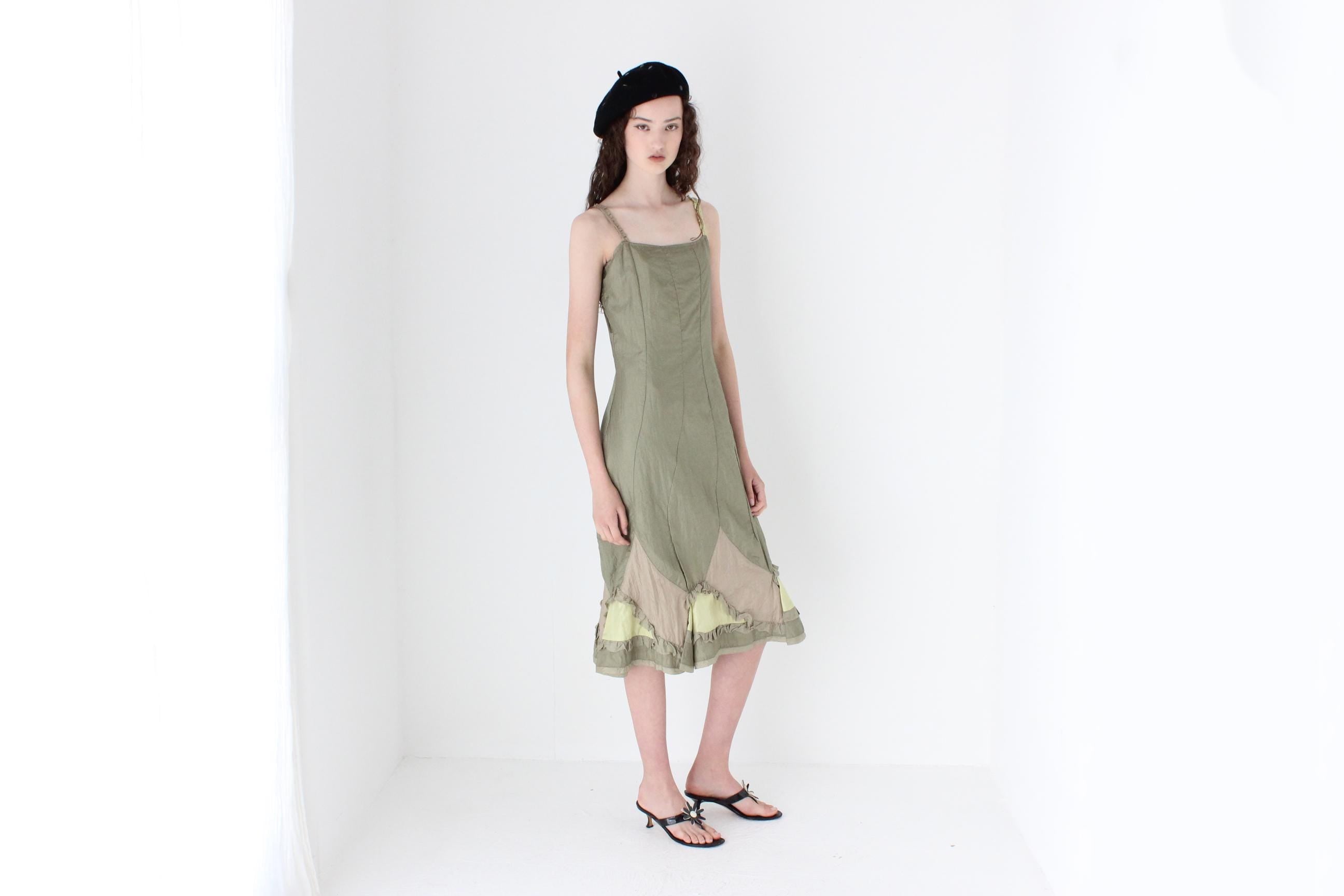 FRENCH COLLECTION 90s Olive Parachute Slip Dress w/ Silk Ruffles
