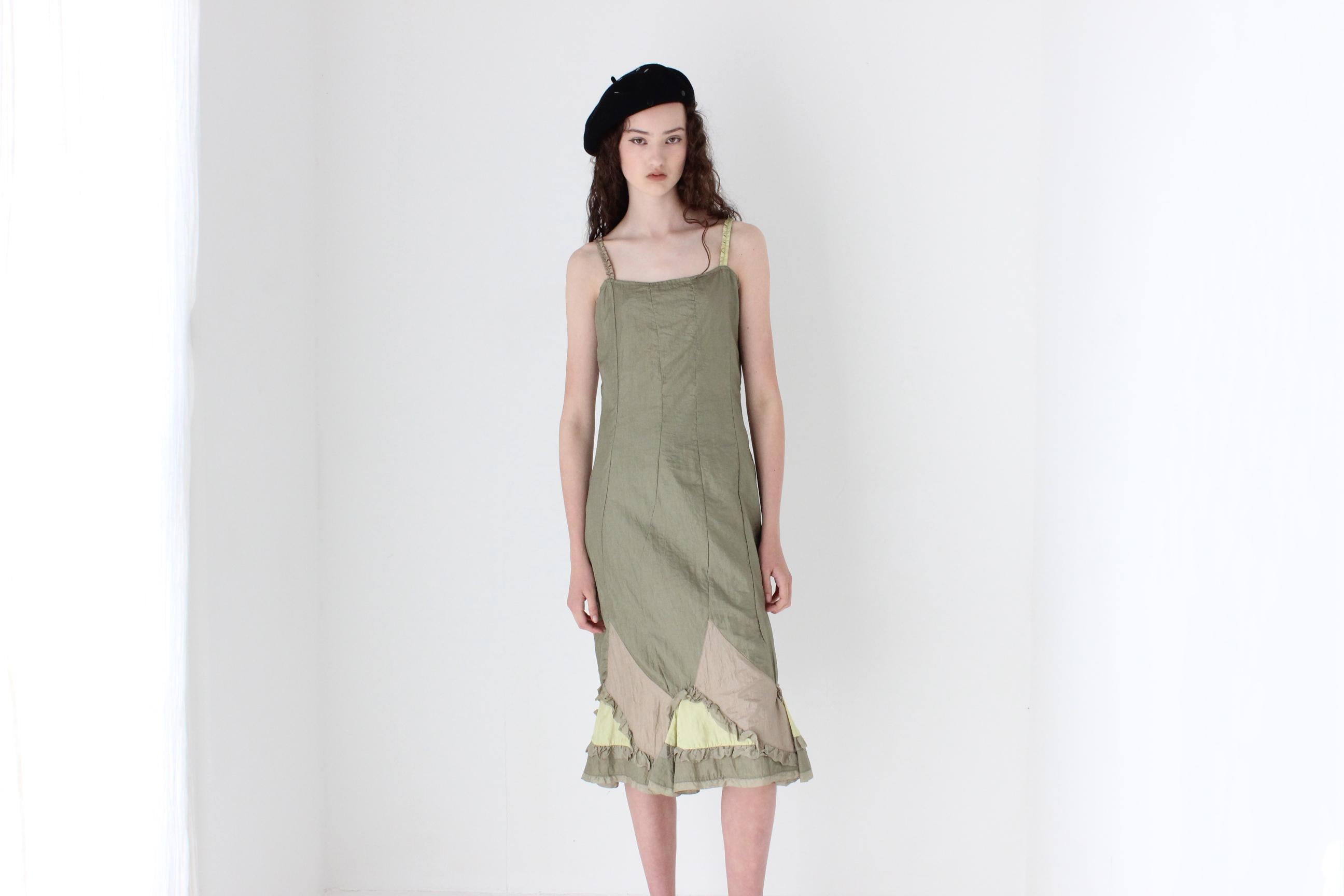 FRENCH COLLECTION 90s Olive Parachute Slip Dress w/ Silk Ruffles