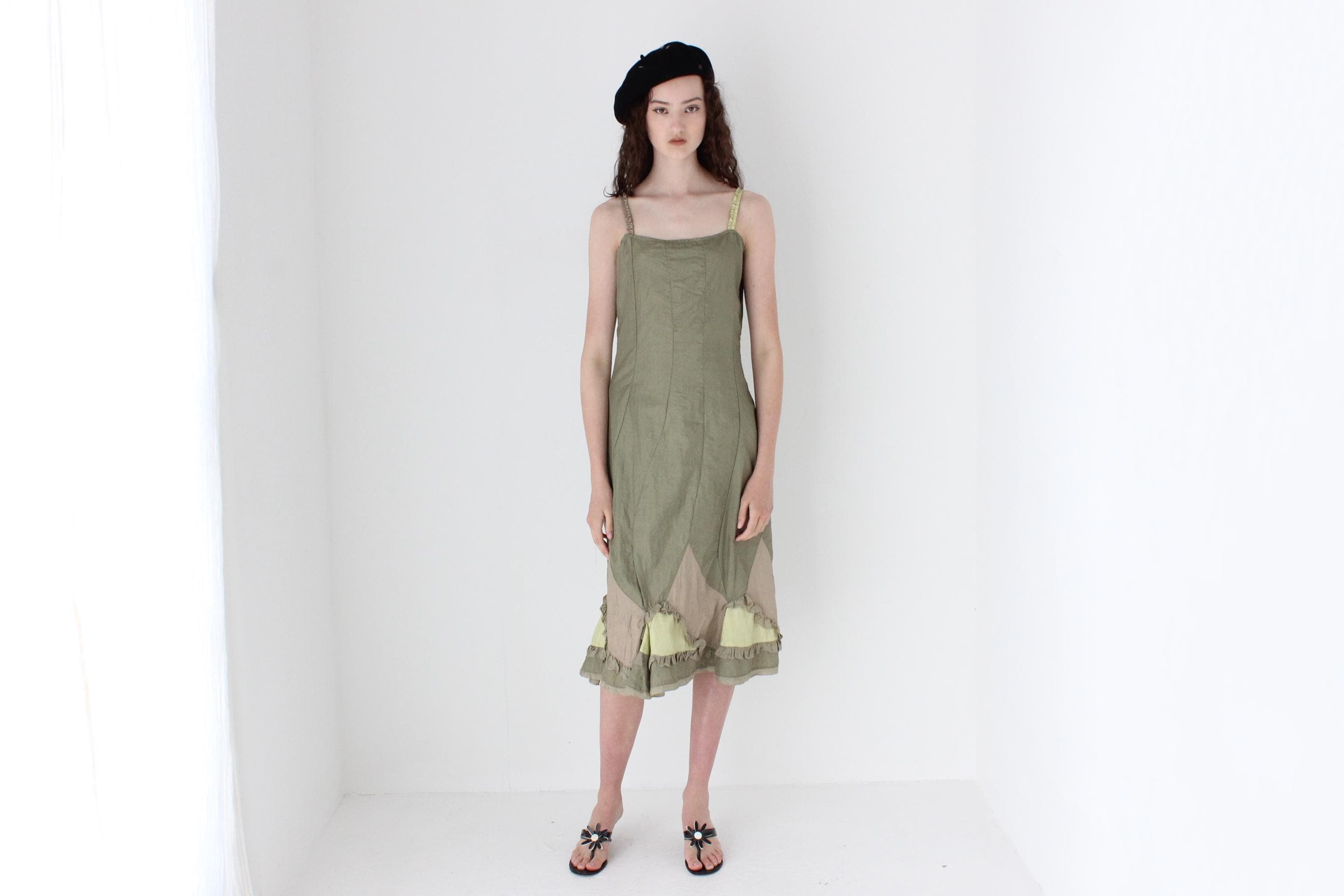 FRENCH COLLECTION 90s Olive Parachute Slip Dress w/ Silk Ruffles
