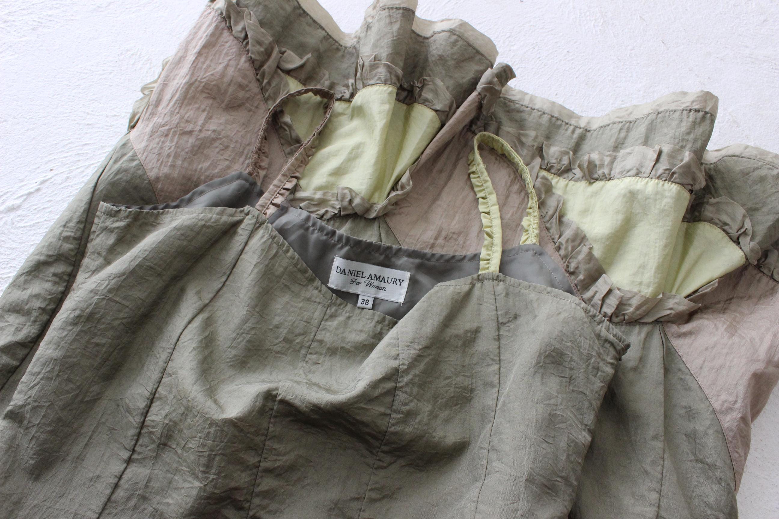 FRENCH COLLECTION 90s Olive Parachute Slip Dress w/ Silk Ruffles