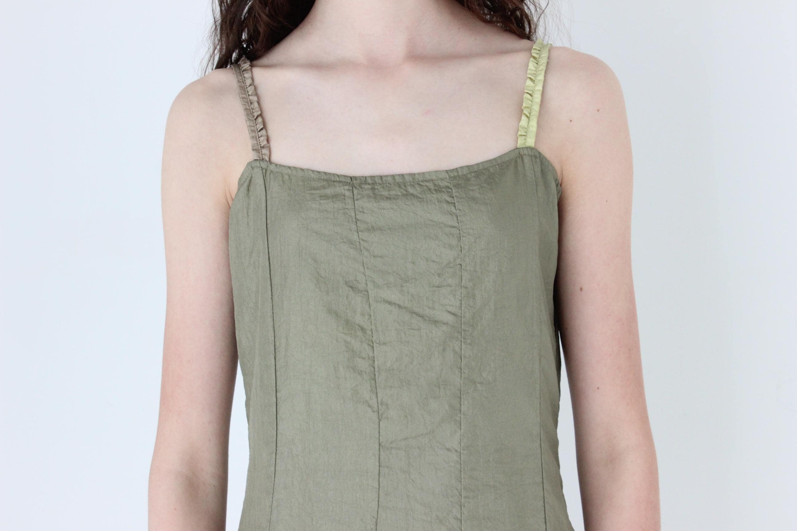 FRENCH COLLECTION 90s Olive Parachute Slip Dress w/ Silk Ruffles