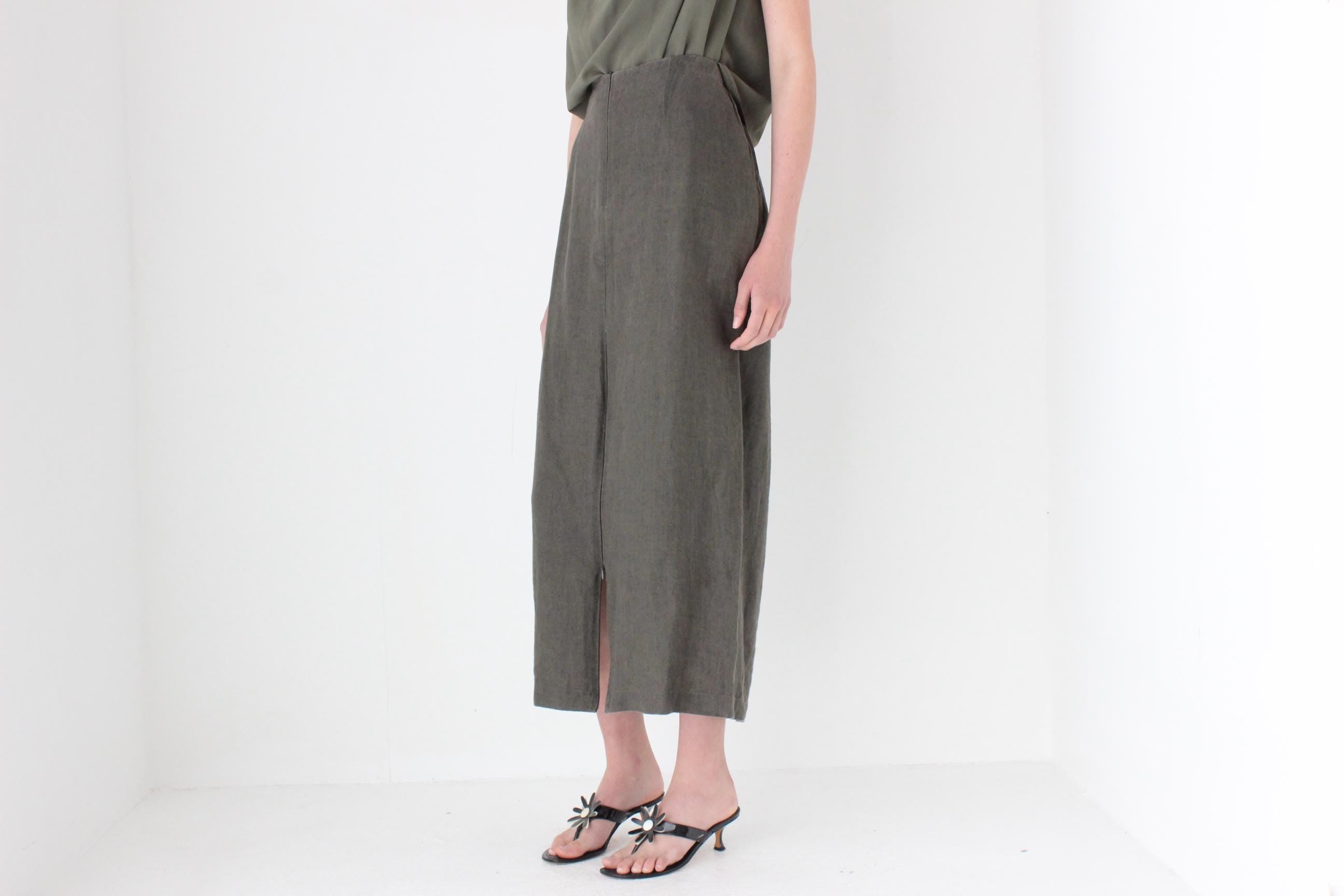 FRENCH COLLECTION 90s Khaki Linen Skirt w/ Convertible Zip