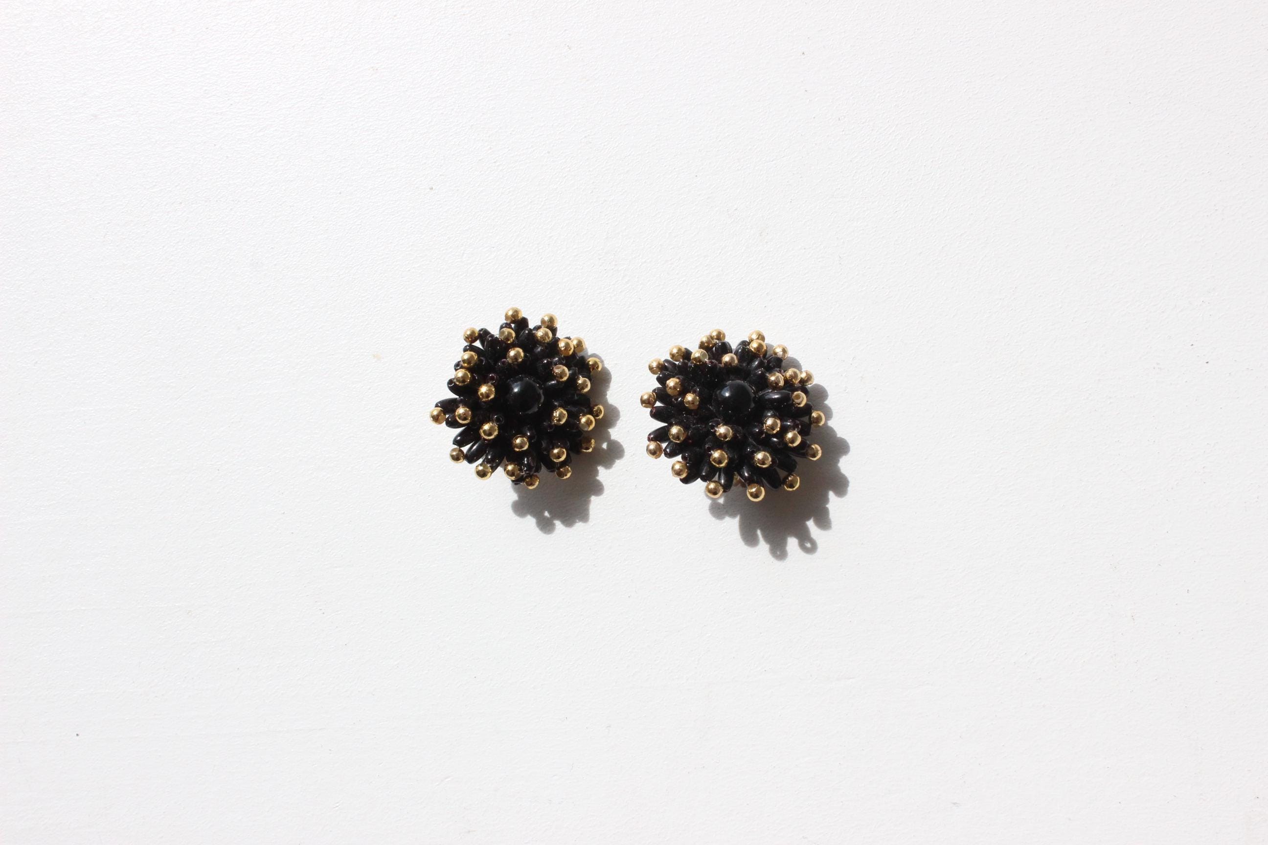80s Art Deco Beaded Flower Clip Ons