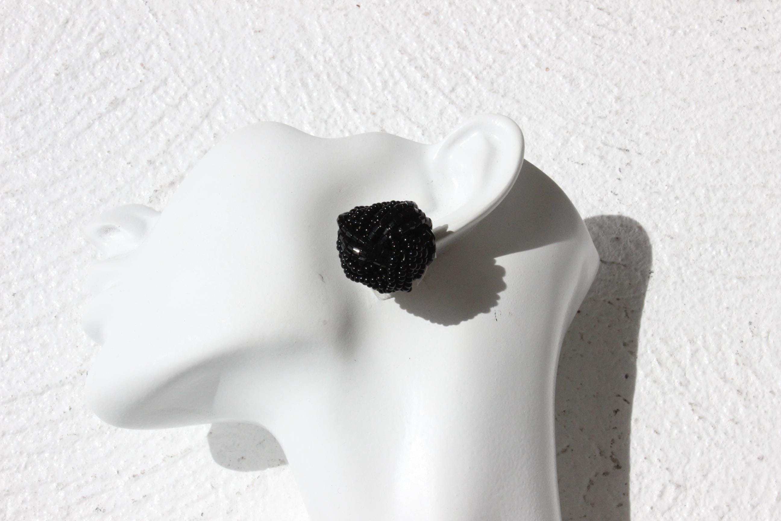 80s Modernist Black Beaded Knot Clip Ons